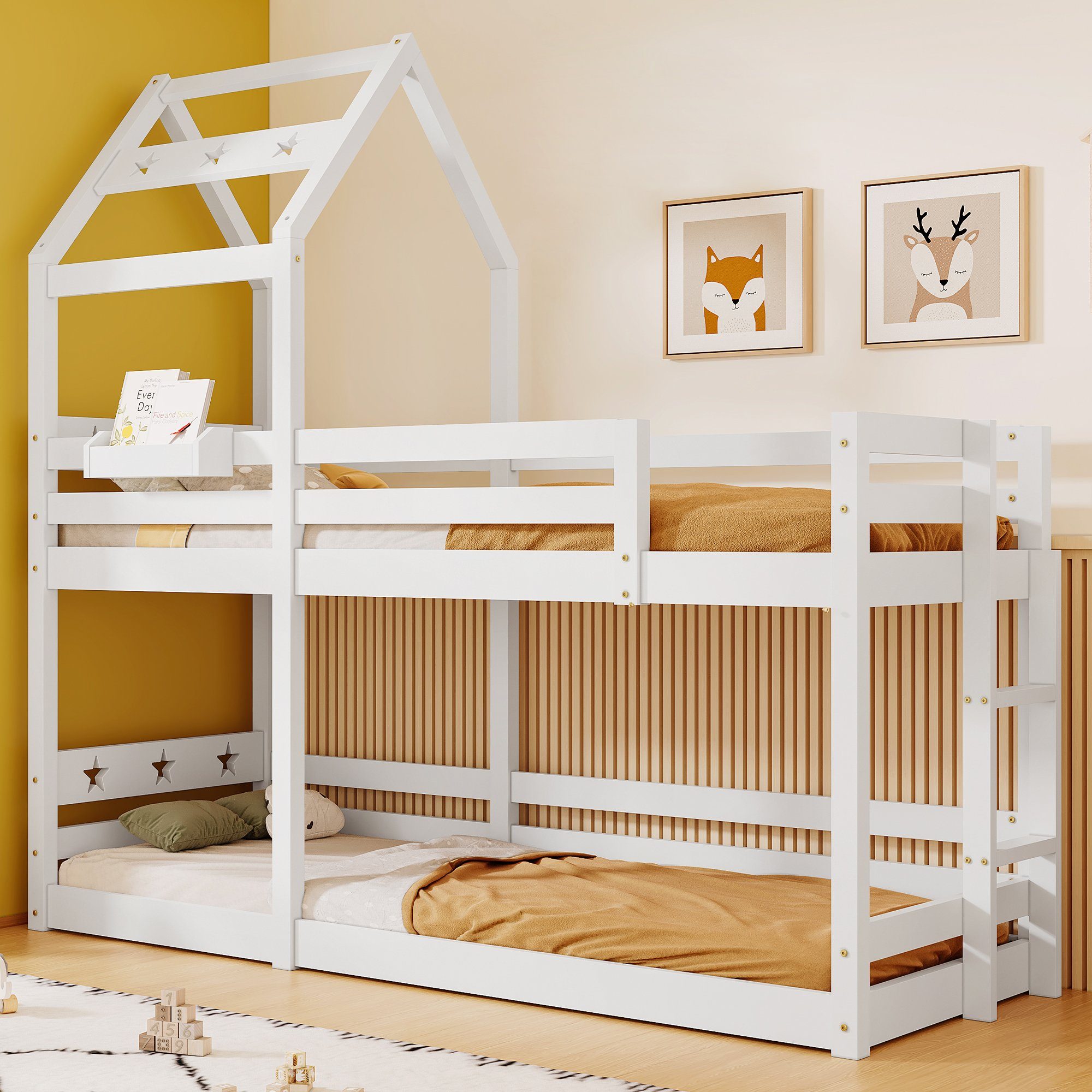 Etagenbett (Hausbett mit Lattenrost), Kinderbett mit Rutsche, Leiter und Rausfallschutz 90x200cm