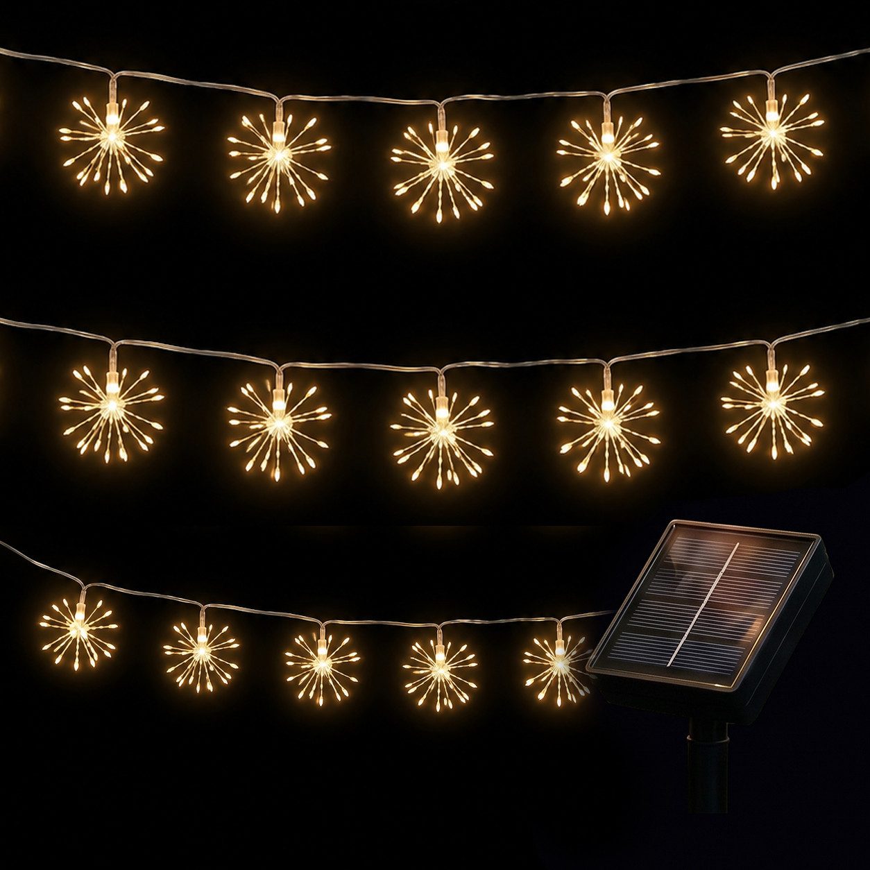 Salcar LED Solarleuchte LED Feuerwerk-Lichterkette Außen Solar Gartenleuchte Weihnachtsdeko, LED fest integriert, Warmweiß, 5 Feuerwerk-Lichterkette 75 LED, 8 Modi, Solar Automatik
