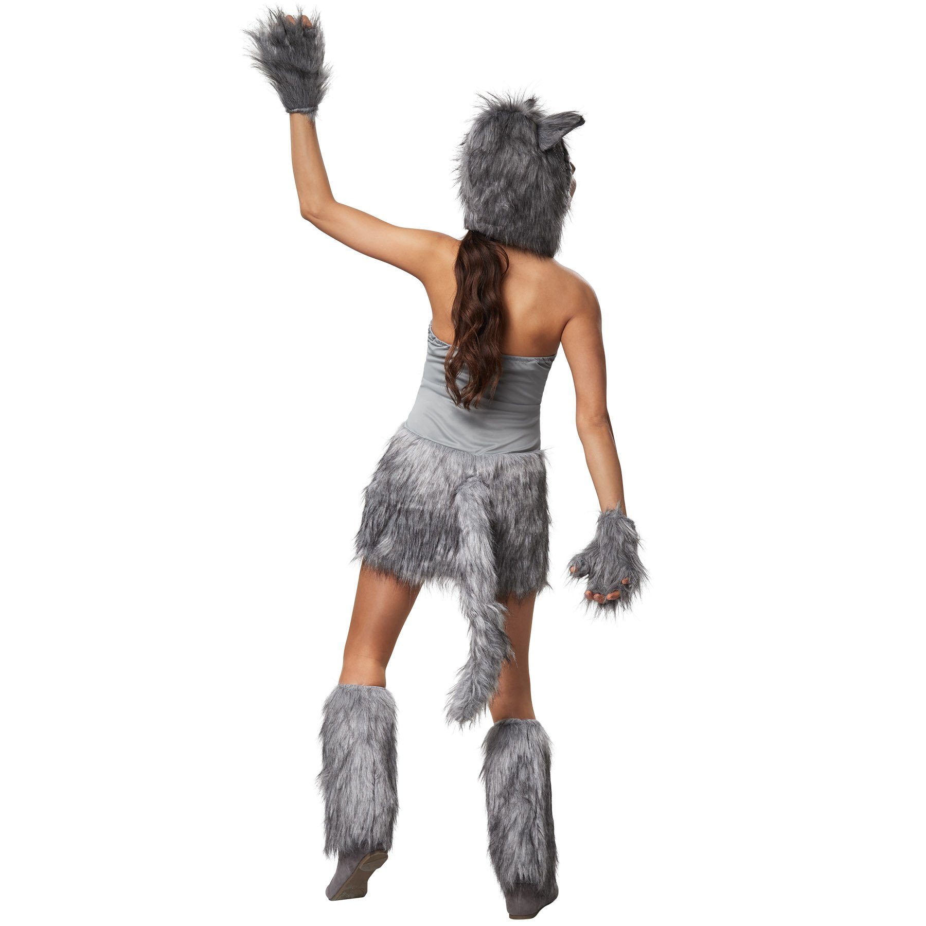 dressforfun Kostüm Frauenkostüm Heiße Wolfdame, Kurzkleid aus hellgrauem Stoff mit Kunstfellbesatz