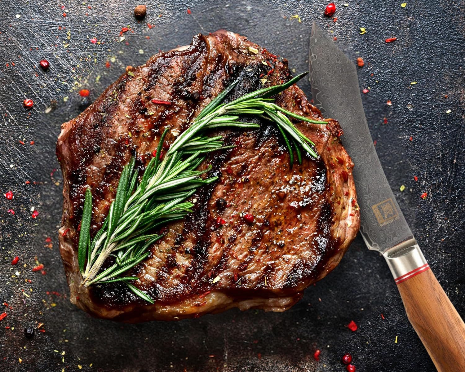ZAYIKO Steakmesser Kurumi Damastmesser mit 12 cm Klinge und Nussbaumgriff in Holzbox