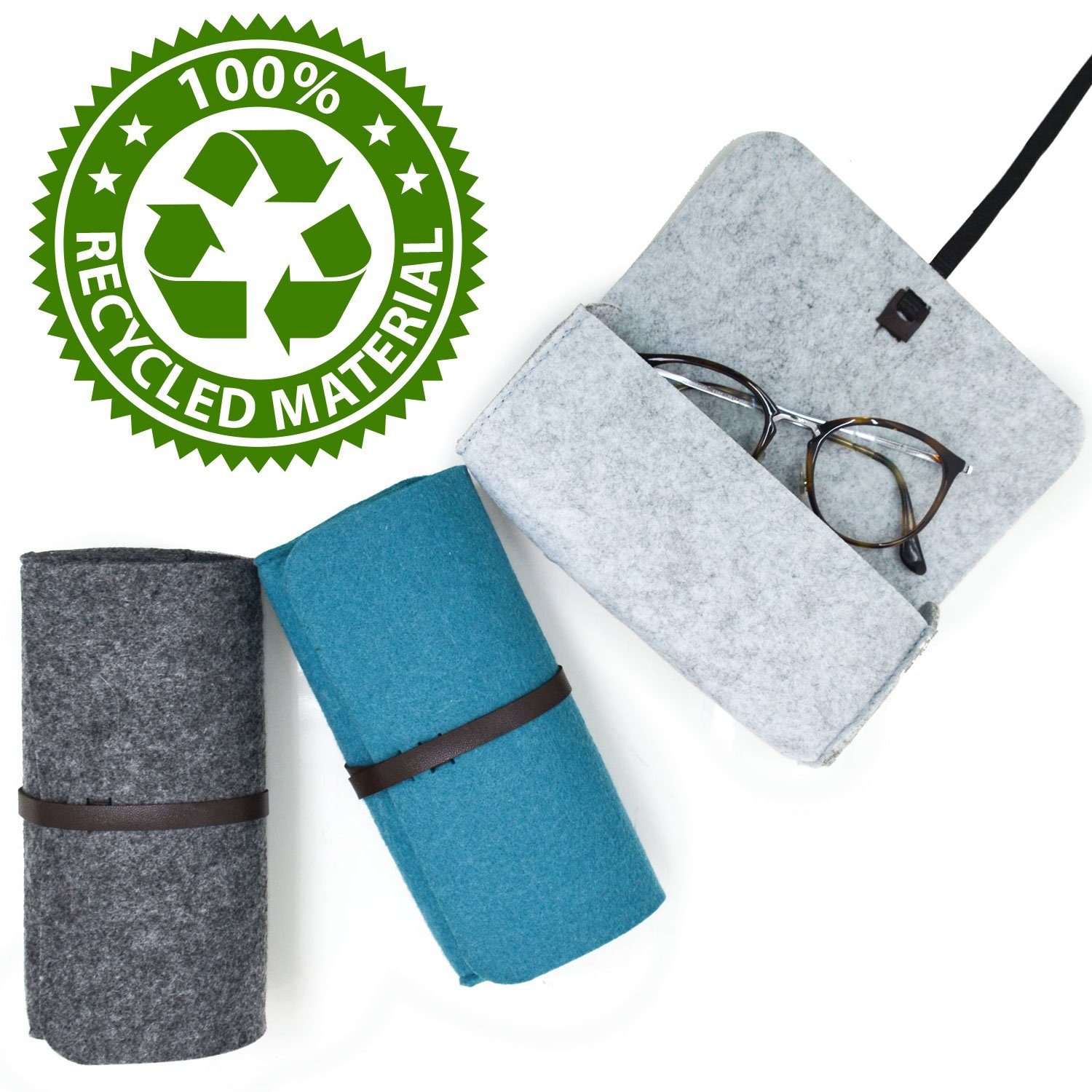 DuneDesign Brillenetui 3er Set Filz Brillentasche Weich mit Lederband - Reiseetui für Brillen, 17 x 3,5 x 8 cm Brillenhülle für Sonnenbrillen - Damen & Herren Etui