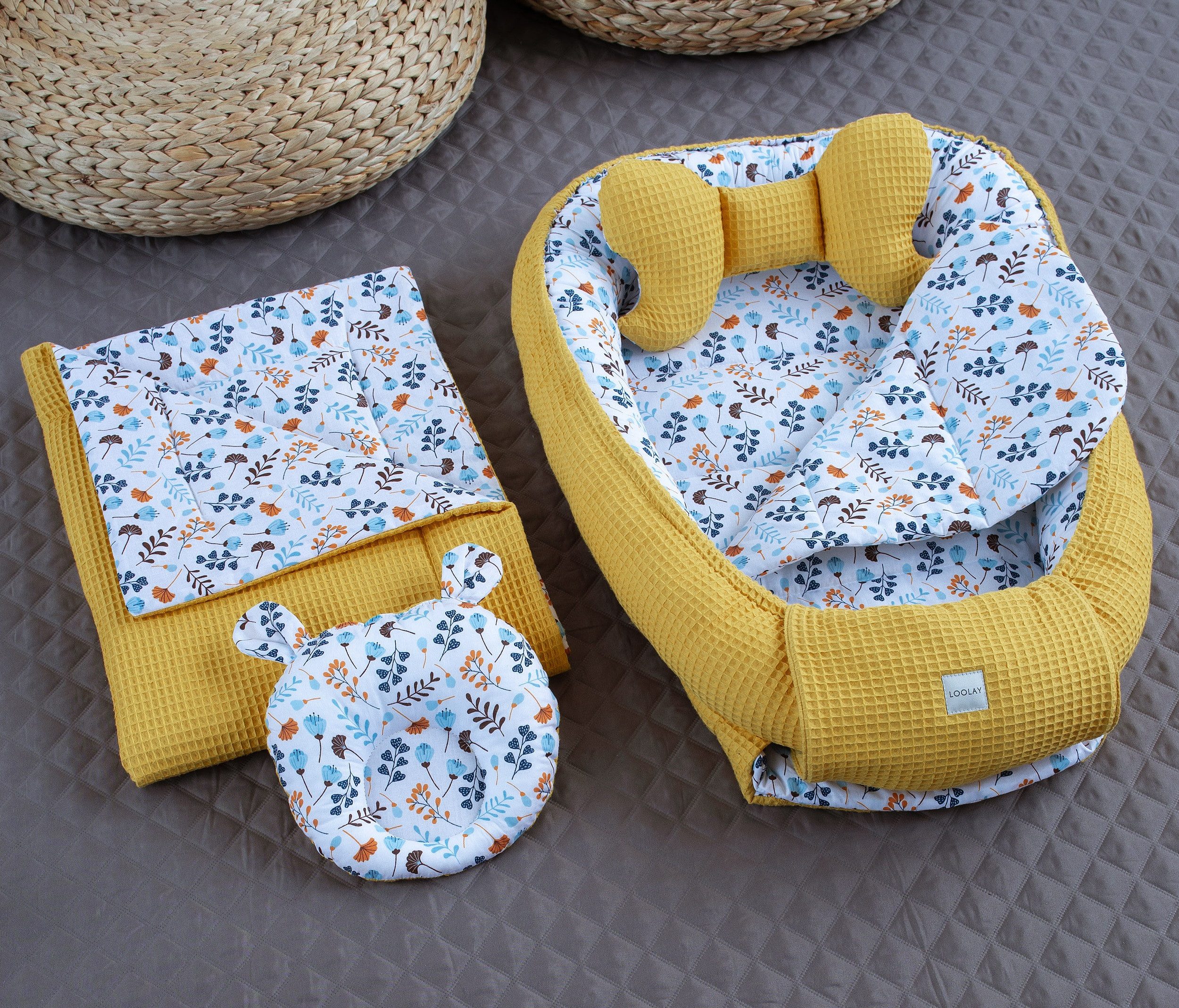 Bettnestchen Gelb WAFFELPIQUE/ BLUMEN Blau 5 TLG SET Babynest Babyausstattung