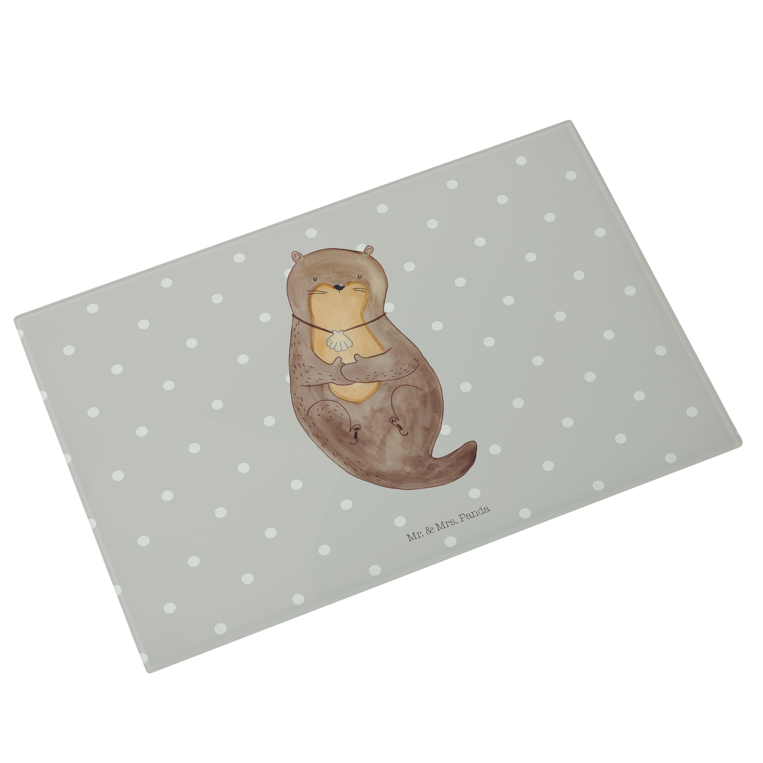 Pastell - Servierbrett (1-St) Grau Otter grübeln, - Mr. Mrs. Glas, Panda Geschenk, mit Schnei, Muschelmedaillon & Premium