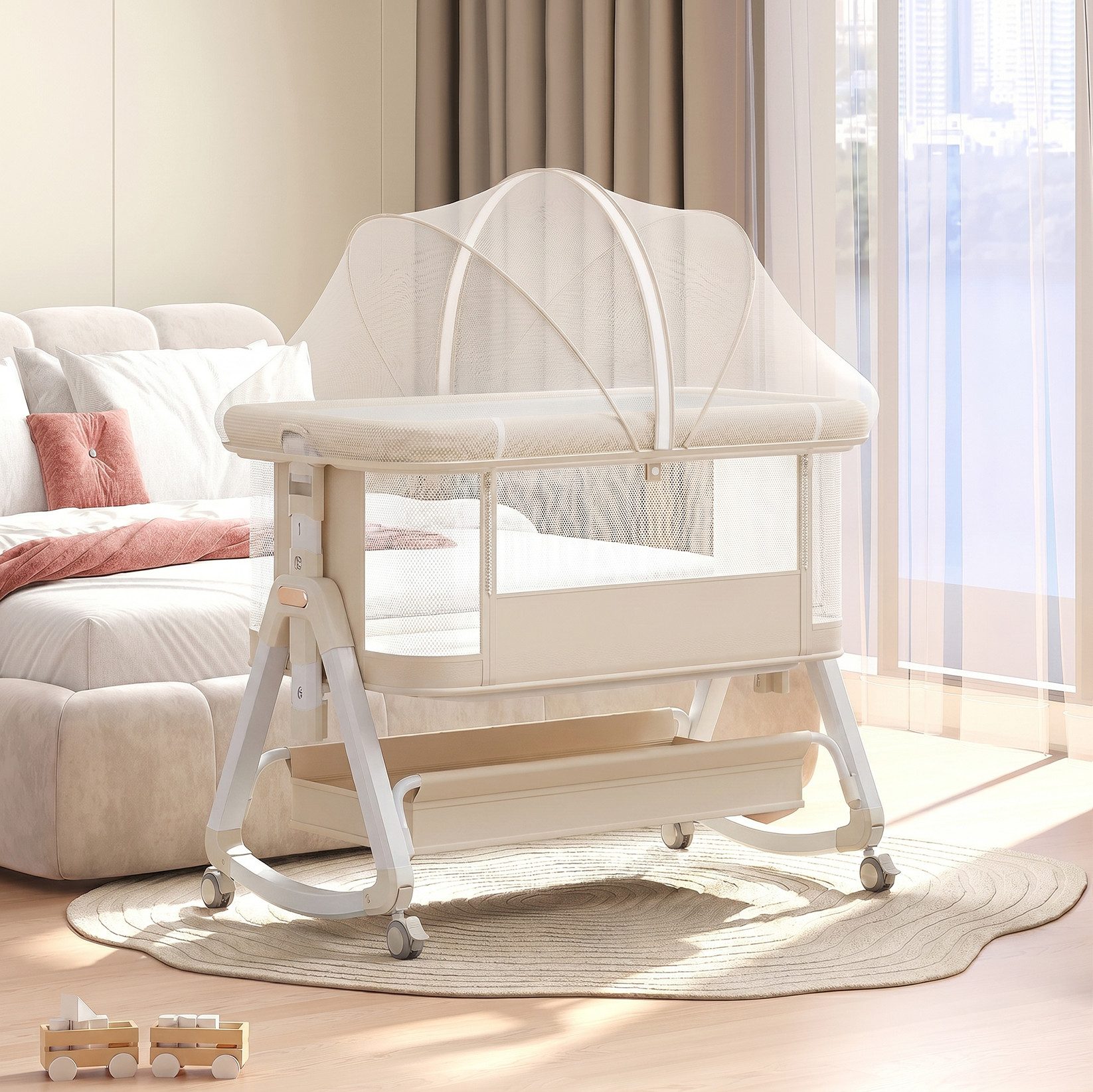 oyajia Beistellbett 3 in 1 Beistellbett Stubenwagen Babybett Baby Reisebett, 6-stufige Höhenverstellung, mit Rollen, Moskitonetz und Matratze