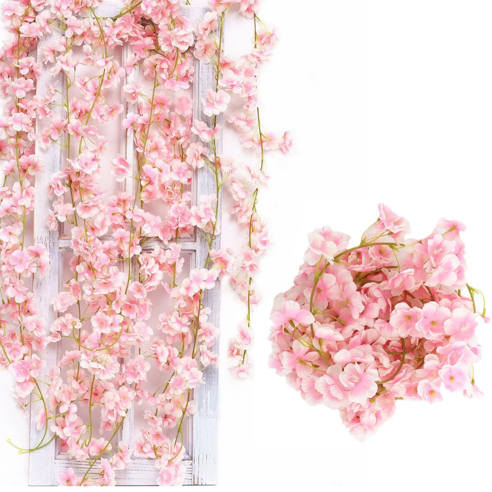 Kunstpflanze 3er Set künstliche Kirschblüten-Girlanden je 180 cm, FOUORTUNATE-BEE, Dekorative Blütengirlanden für Innen- & Außenbereiche