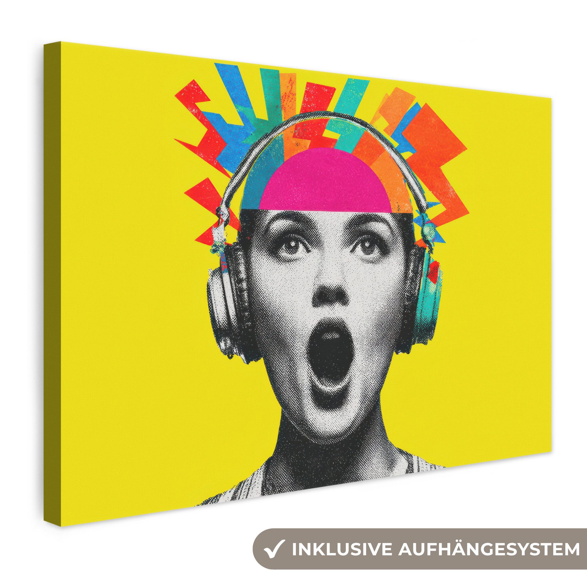 OneMillionCanvasses® Leinwandbild Frau - Kopfhörer - Gelb, Fotodruck (1 St), Leinwand Bilder Klein, Wand Dekoration Aesthetic 30x20 cm