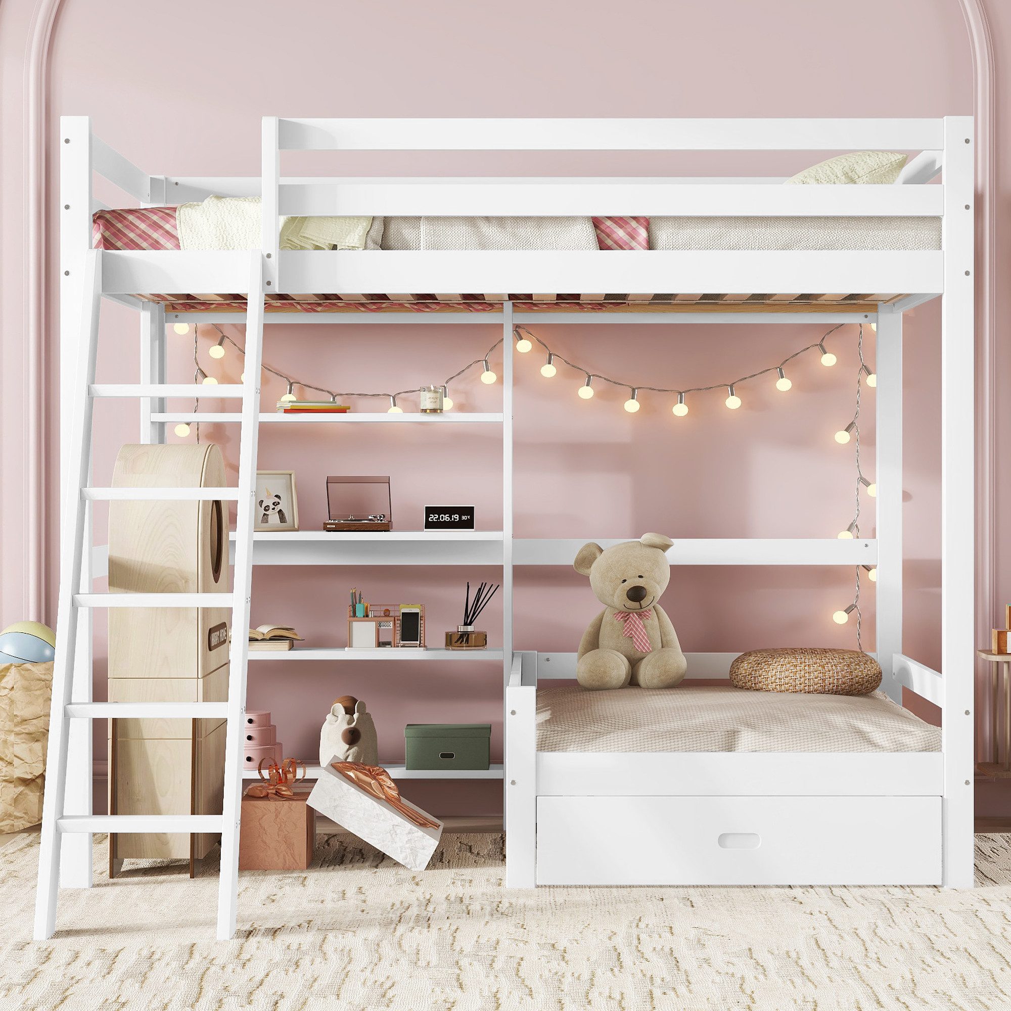 Flieks Hochbett Etagenbett mit Regalen und Leiter, Sofa mit einer Schublade günstig online kaufen