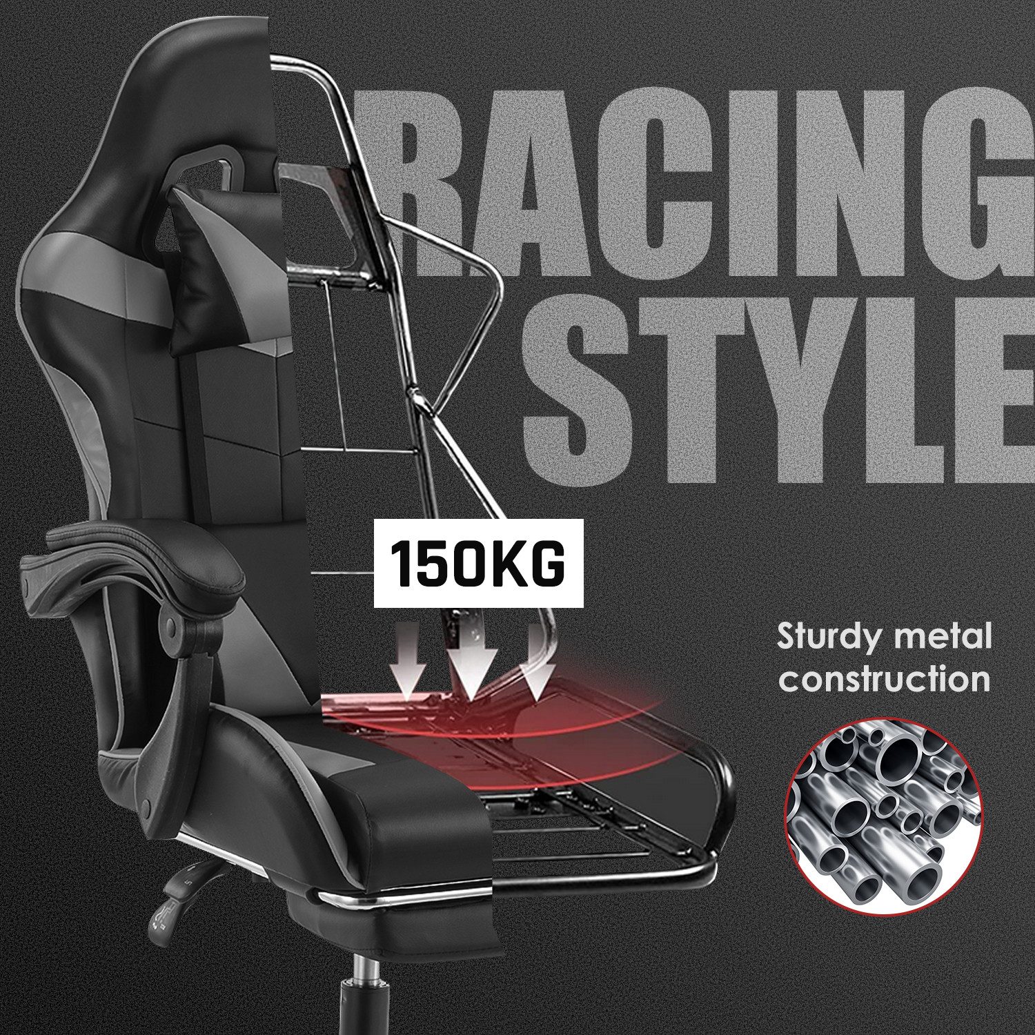 oyajia Gaming-Stuhl Ergonomischer Gaming Sessel mit Fußstütze und Kopfstütze Atmungsaktiv, mit abnehmbarem Kopfkissen, maximale Belastbarkeit 150 kg – Bild 4 von 5