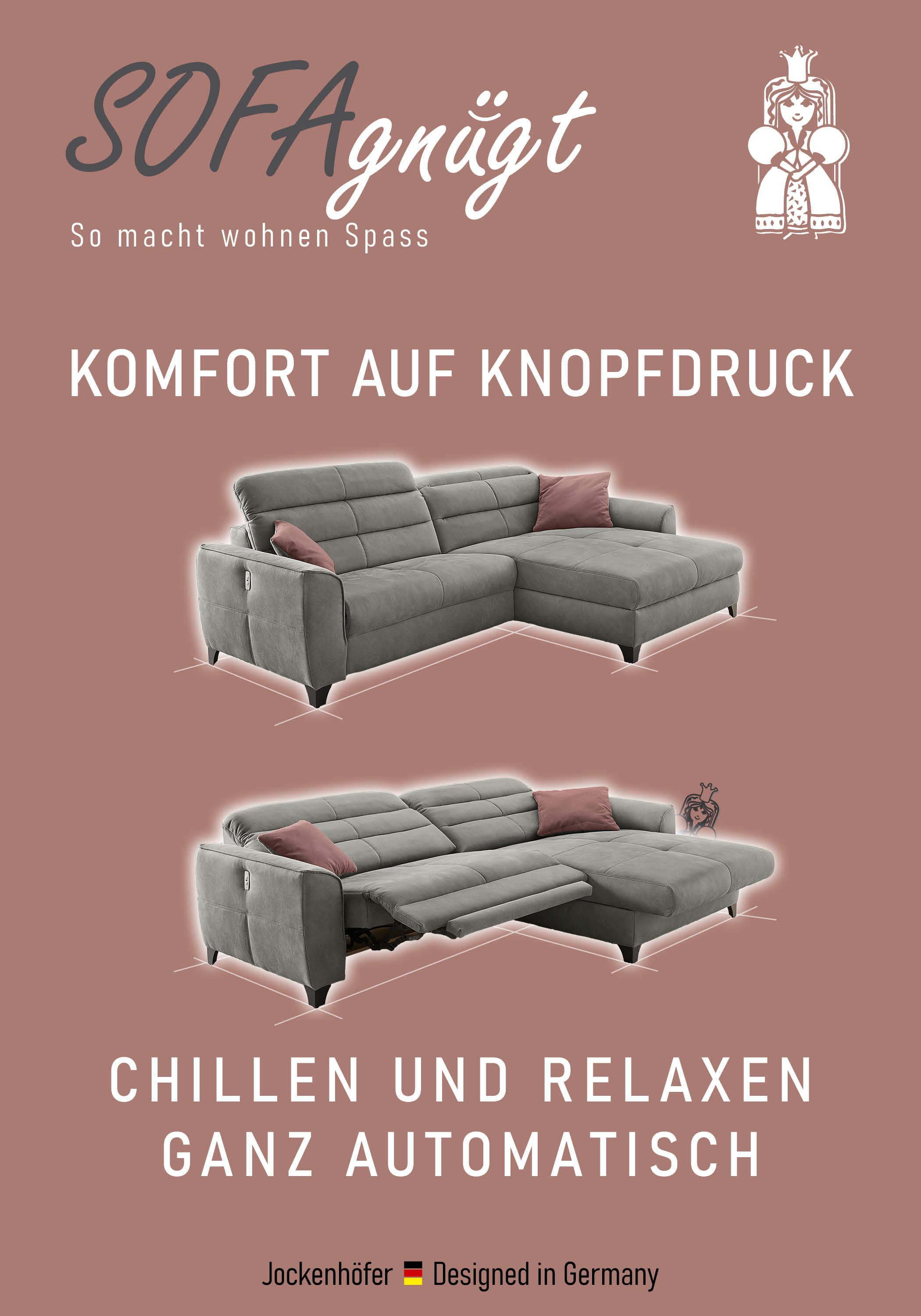 Jockenhöfer Gruppe Ecksofa Double One L-Form, B: 288 cm, 2x120 cm breite, elektr. Relaxfunktionen, Kopfteilverstellung, USB-Anschluss & Zierkissen