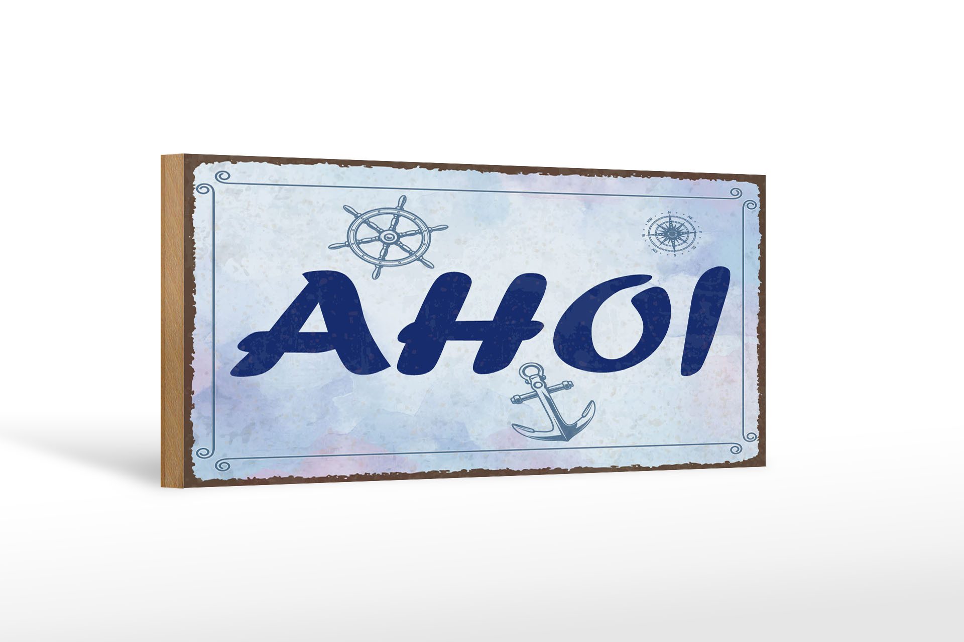 Femer GmbH Holzbild Spruch 27x10 cm Ahoi Anker Steuerrad Kompass, (1 St), Glatte Holzfaserplatte (MDF), vorn beschichtet