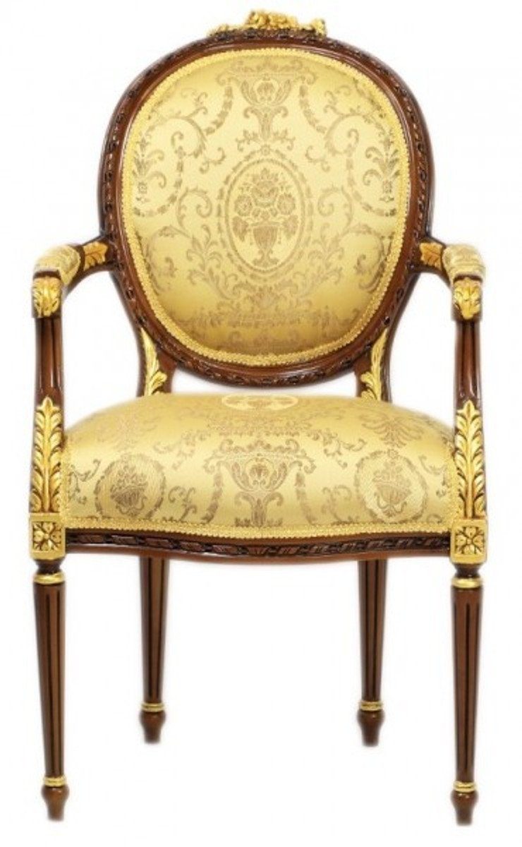 Casa Padrino Esszimmerstuhl Luxus Barock Esszimmer Stuhl mit Armlehnen Ludwig XV Gold Muster / Mahagoni Braun - Möbel