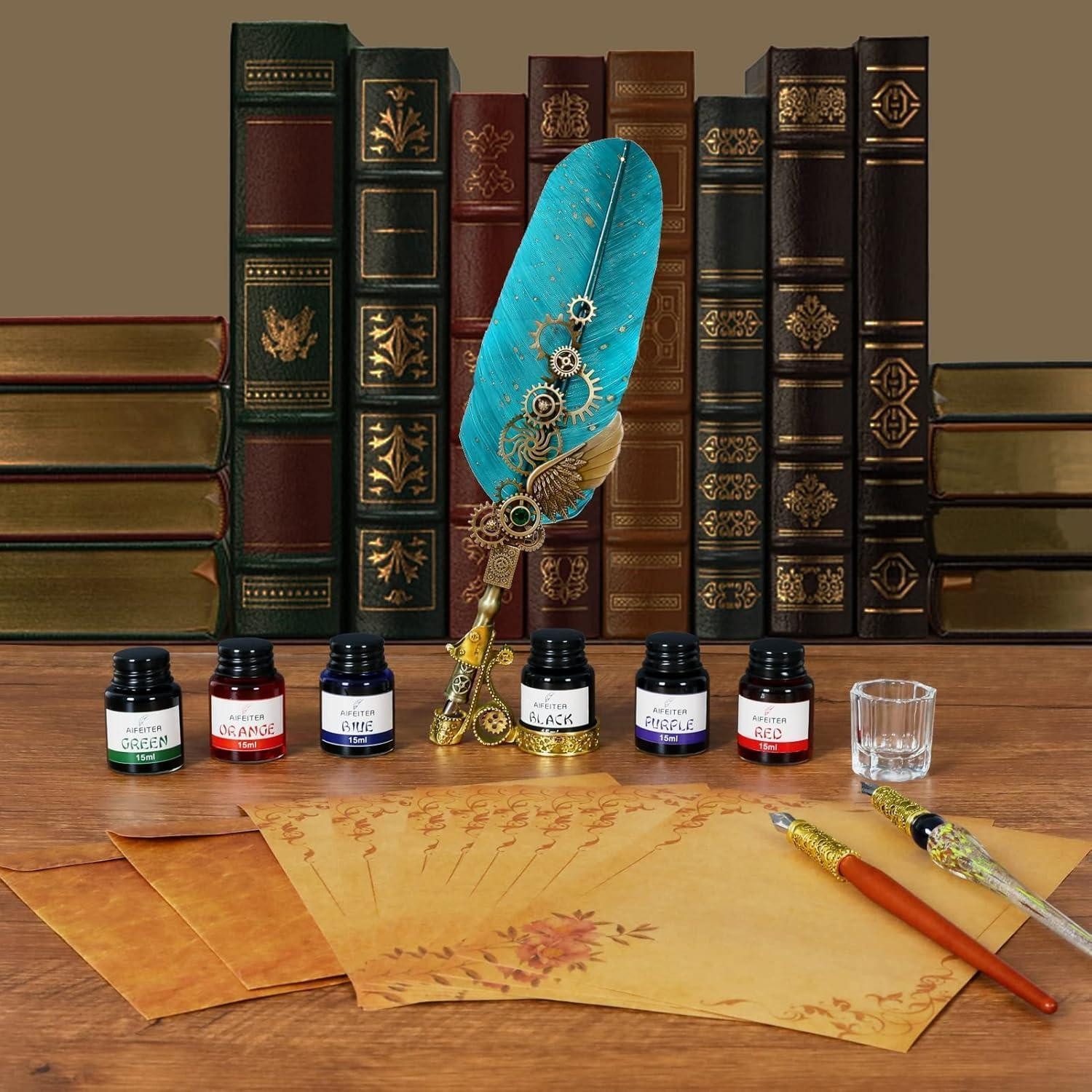 LuxusKollektion Zeichenfeder Schreibfeder Tintenset Quill Stift Notizbuch Federn Siegel Wachs Grau – Bild 2 von 5