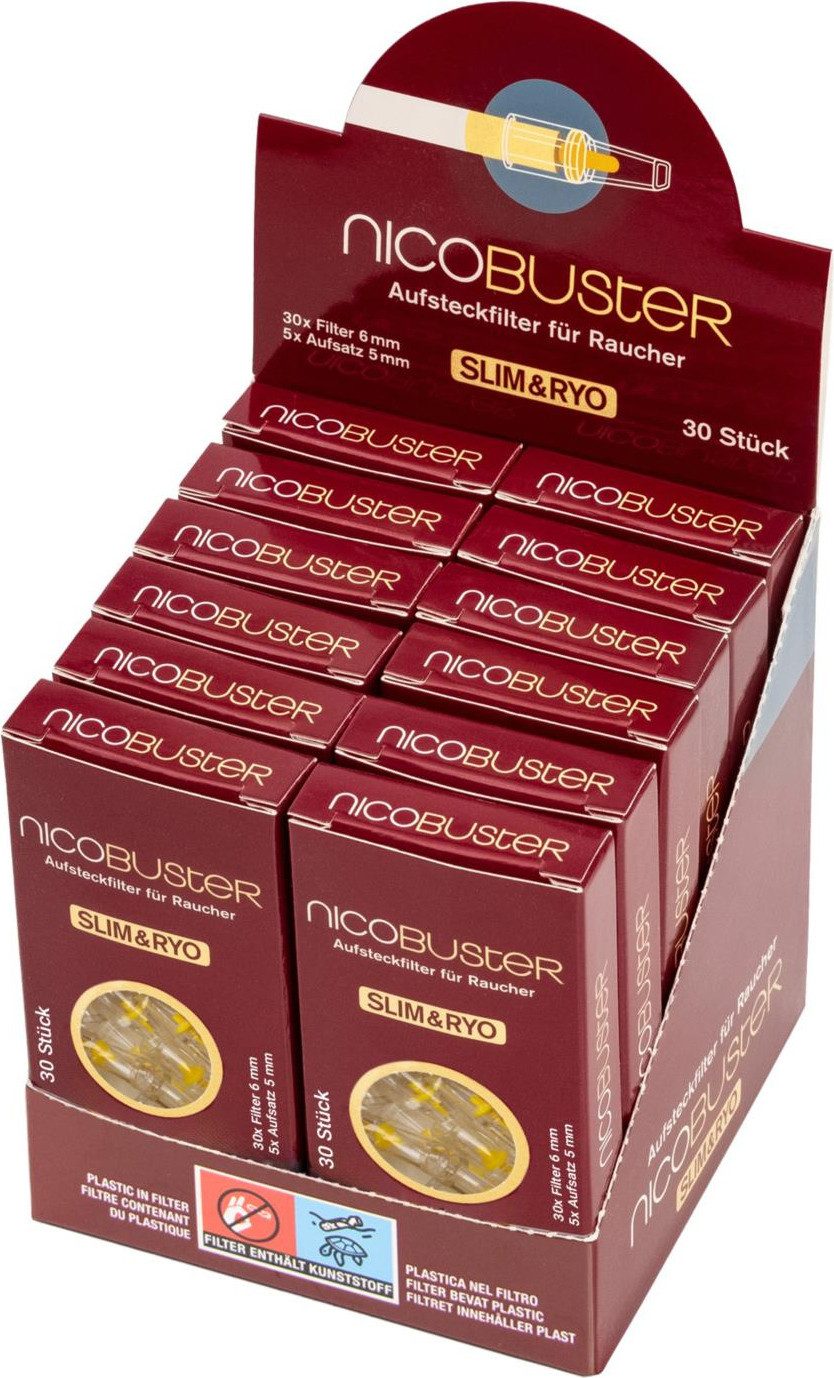 Nicobuster Filter-Set slim & ryo Aufsteckfilter für Filterhülsen inkl. Hölzer, Zubehör für Aufsteckfilter sind perfekt für Slim Zigaretten und Selbstgedrehte, für Slim Zigaretten 5mm und 6mm