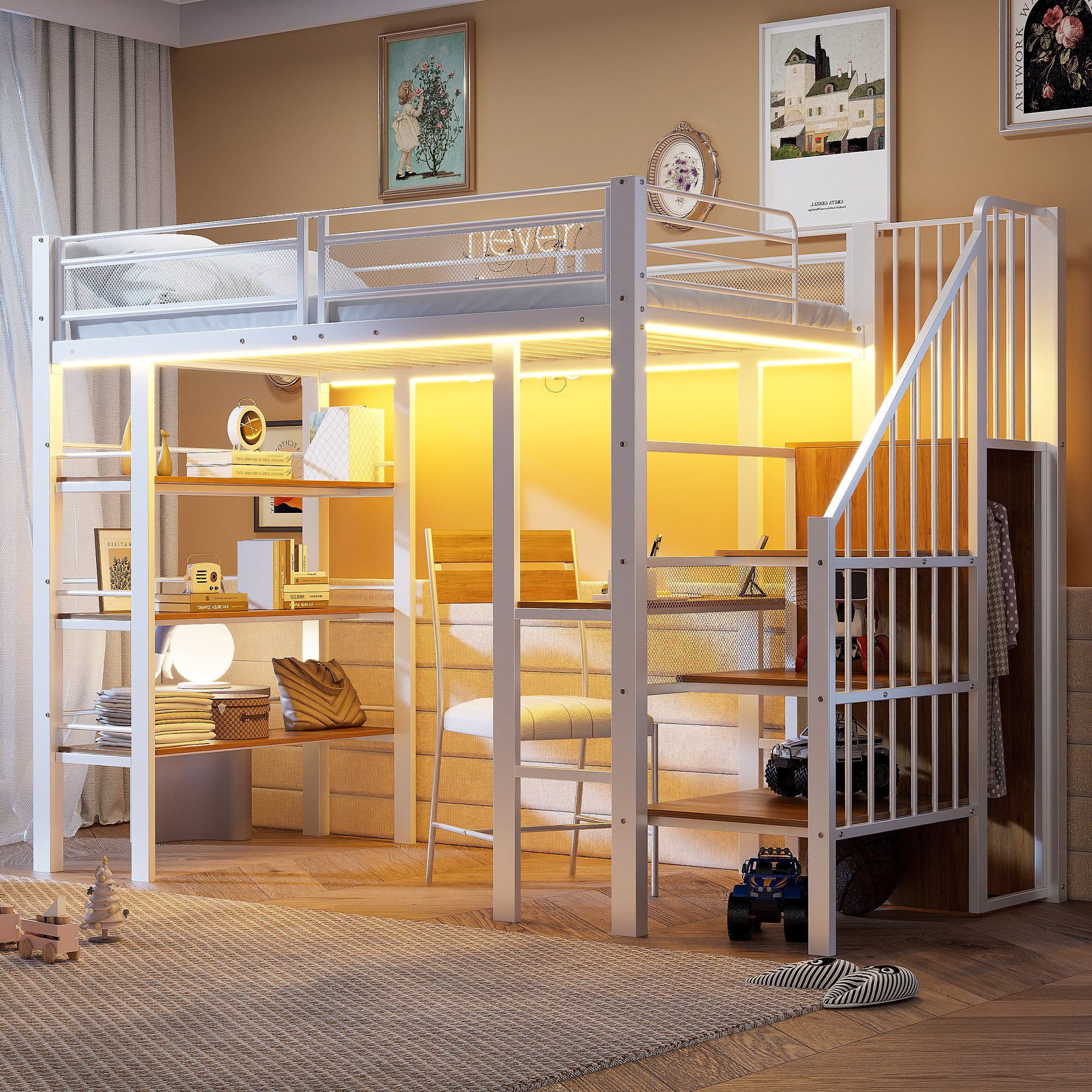 Flieks Hochbett Metall Kinderbett 90x200cm mit LED Aufladen Schreibtisch Bücherregal