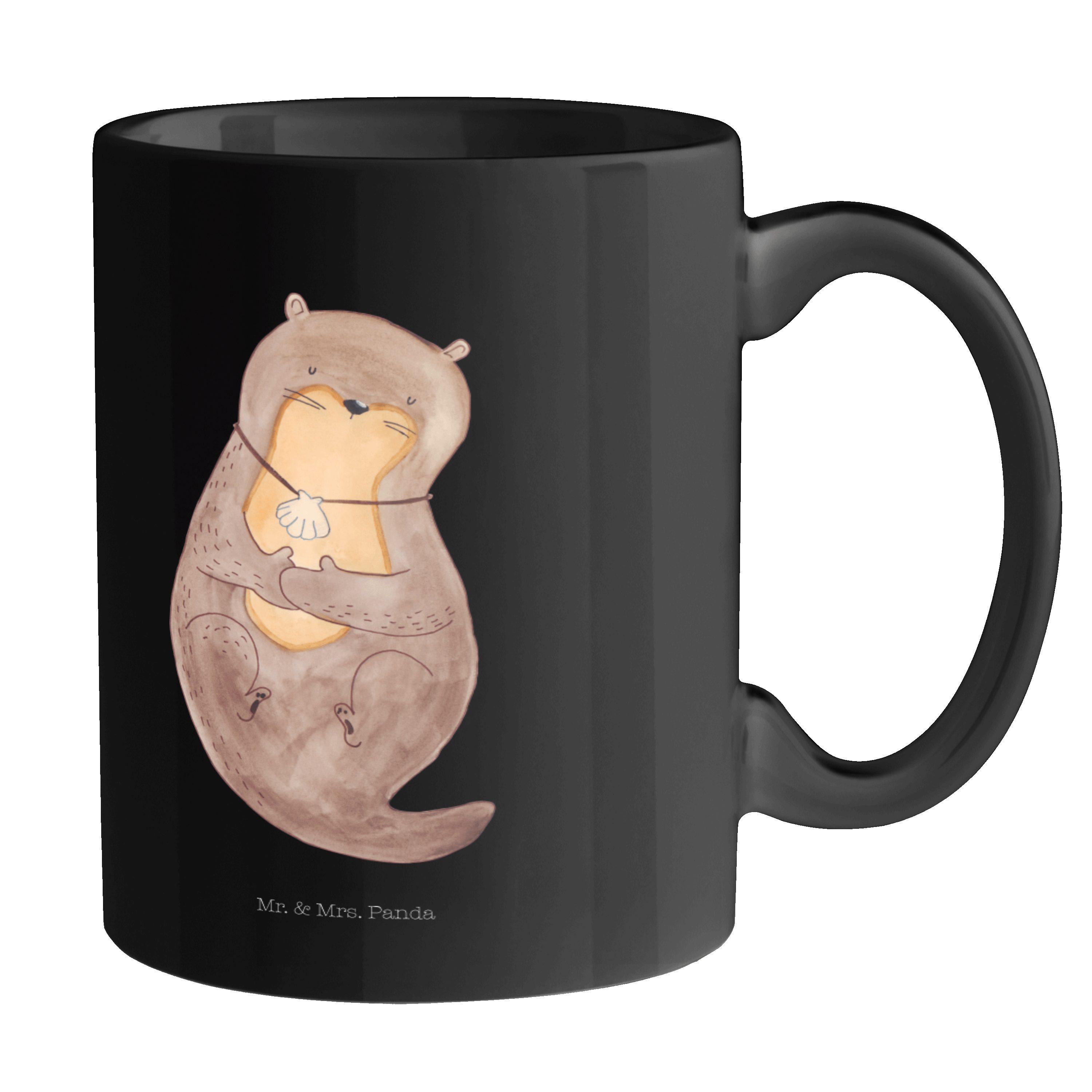 Mr. & Mrs. Panda Tasse Otter mit Muschelmedaillon - Schwarz - Geschenk, Tasse, Büro Tasse, T, Keramik Schwarz