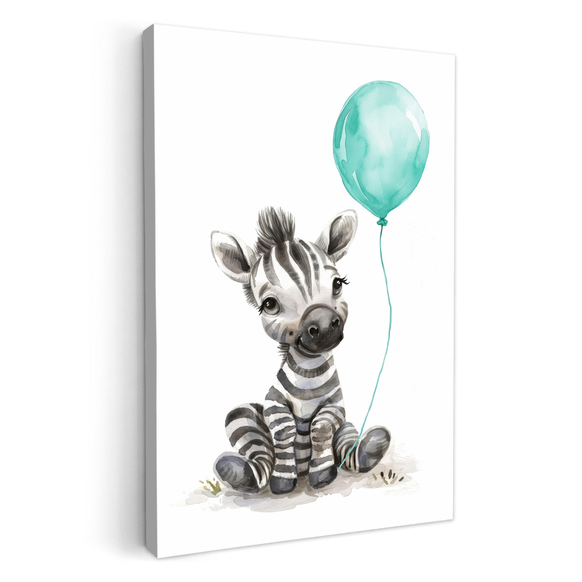 OneMillionCanvasses® Leinwandbild Zebra - Tierbaby - Blauer Luftballon, Fotodruck (1 St), Bilder Deko Babyzimmer, Wandbilder Kinderzimmer 60x90 cm