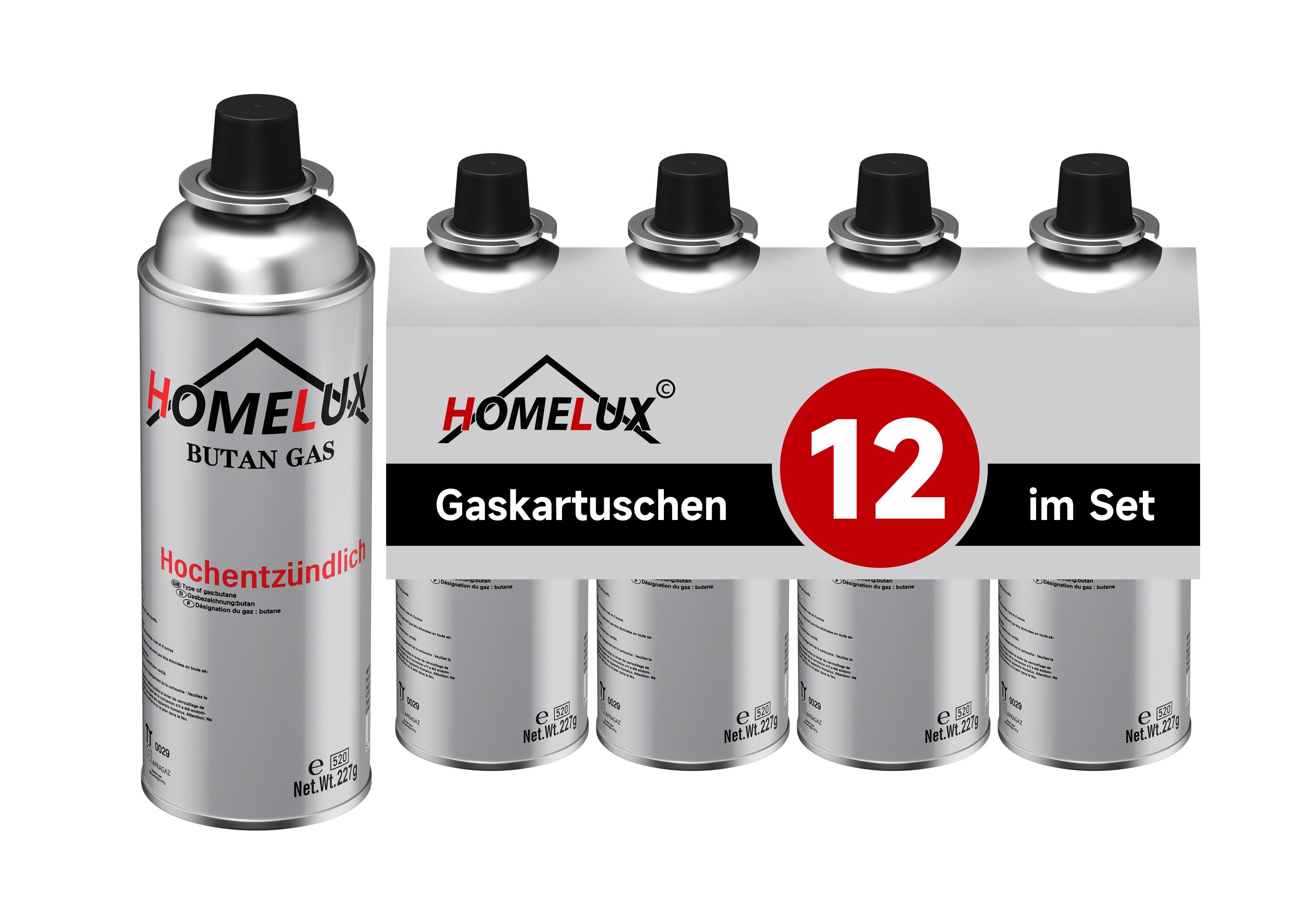 HOMELUX Gaskartusche 227g Camping Butan Gas, Butangas Kartusche mit Bajonettventil, Zubehör für Campingkocher Gasbrenner, Bunsenbrenner, 12 St., 400ml Einmalig