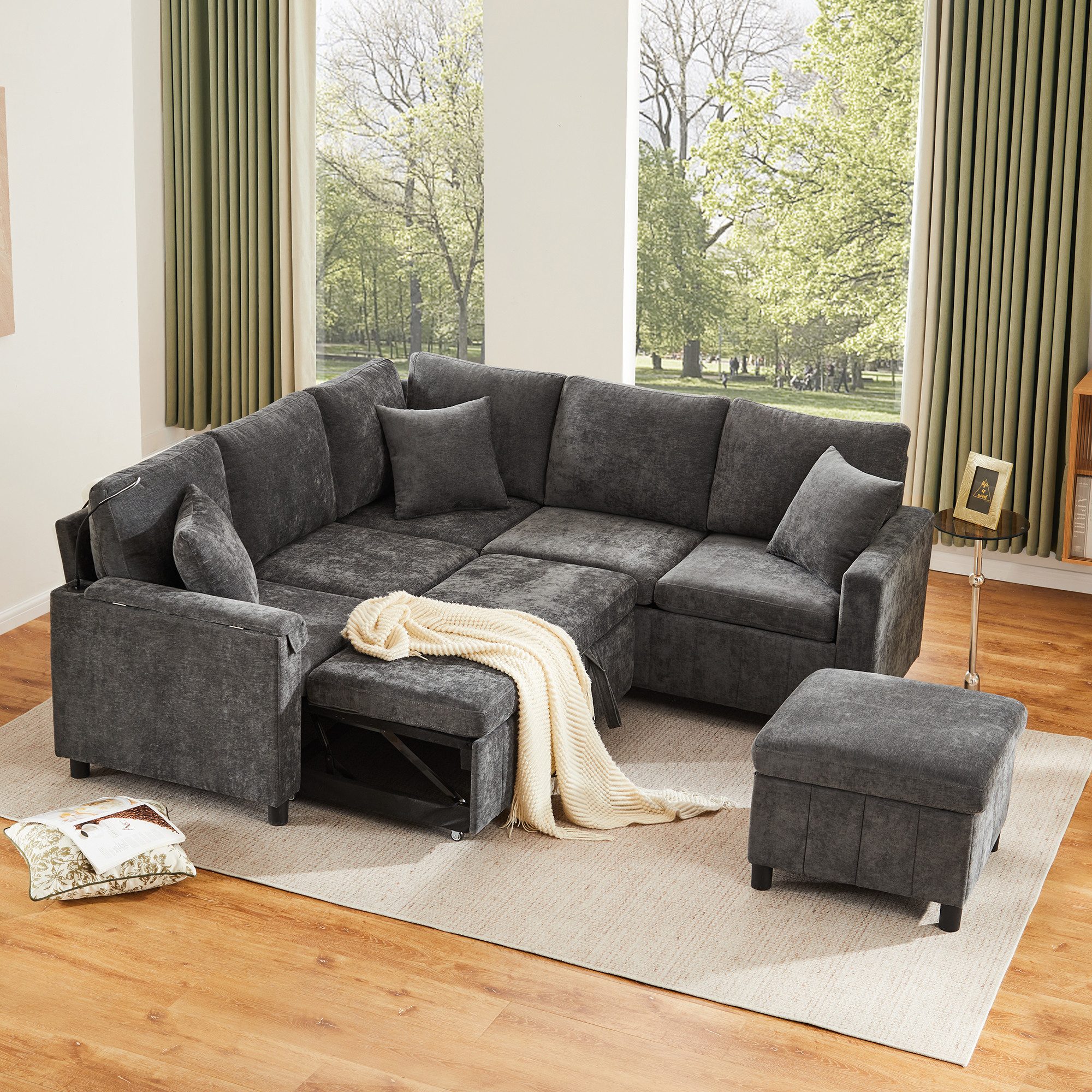 Flieks Ecksofa mit Schlaffunktion, Leselampe, USB&Type-C, und verstecktem Couchtisch, klappbare Rückenlehne mit Getränkehaltern, 5- Sitzer Ausziehsofa inkl. Hocker mit Stauraum, Chenille Grau