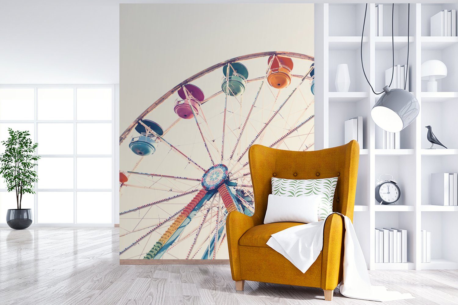 Wohnzimmer, Sommer - Montagefertig Fototapete St), - Orange, (4 für MuchoWow - bedruckt, Riesenrad Tapete Wandtapete Vinyl - Luft Attraktion Matt,