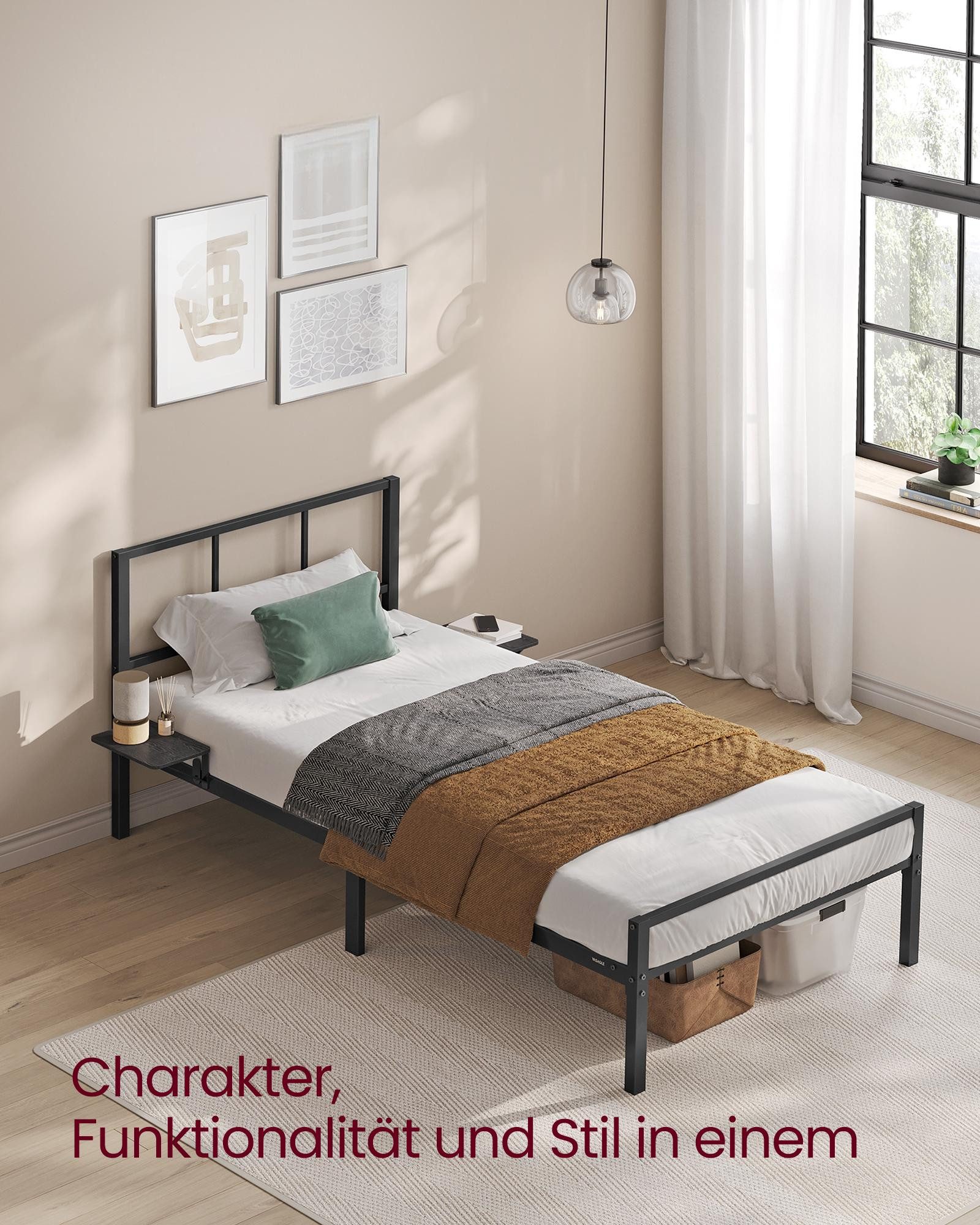 VASAGLE Bettgestell (1-tlg., mit Kopfteil, mit 2 Ablagen), 90 x 200 cm, Dop günstig online kaufen