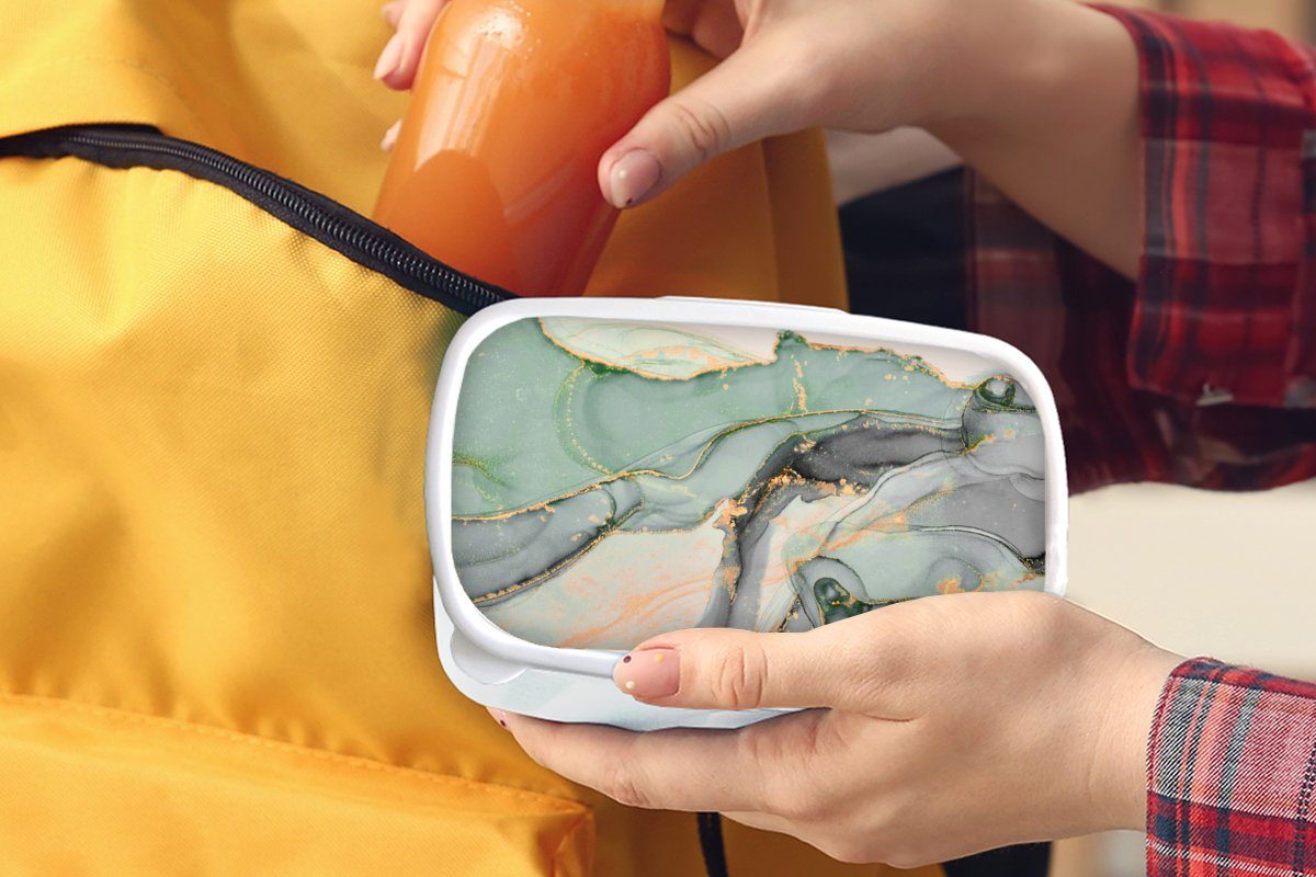 Kunststoff, Jungs Lunchbox Grün - Kinder Luxus und - Glitzer (2-tlg), MuchoWow Brotbox - Marmoroptik, Marmor Brotdose, Erwachsene, für Gold - Mädchen und - für weiß