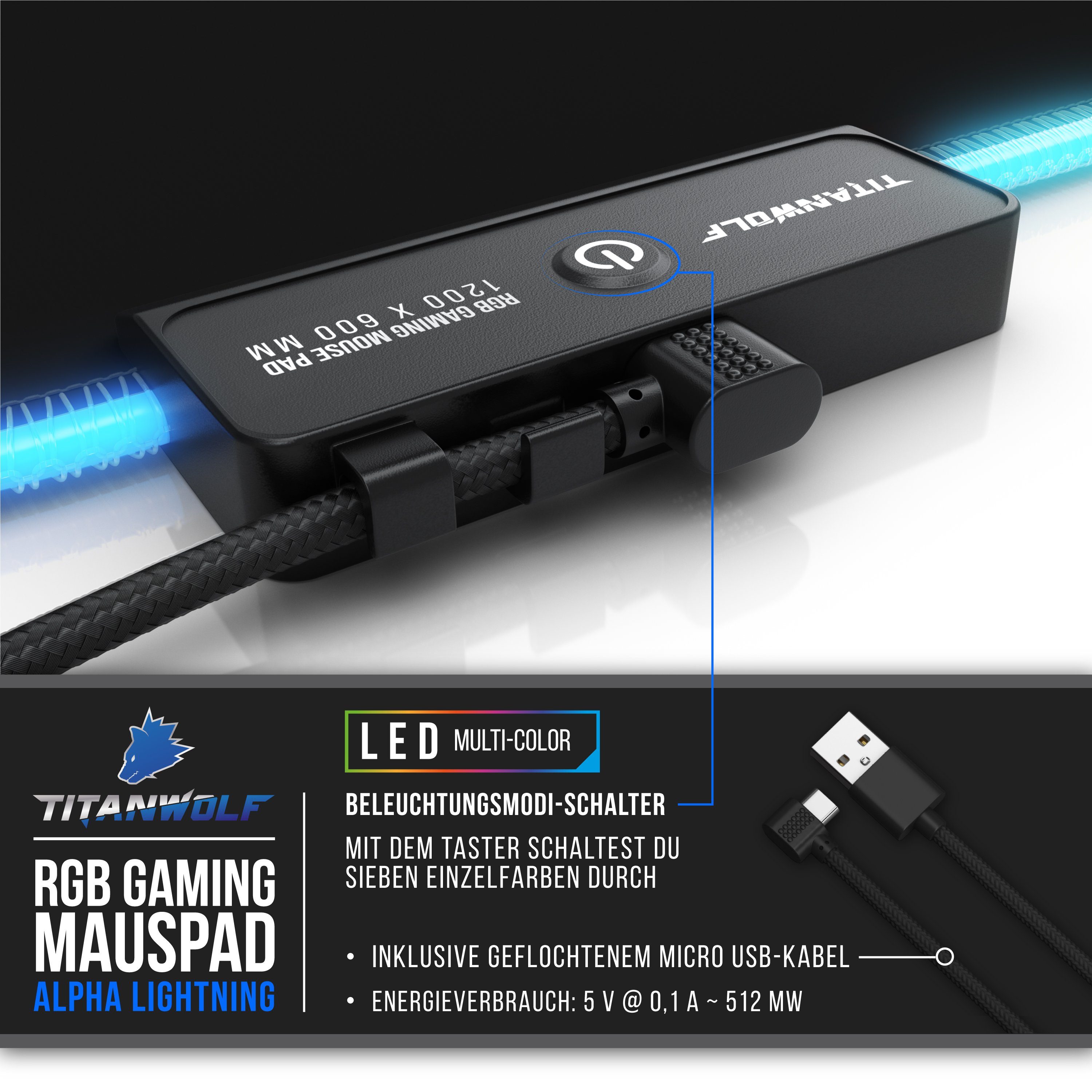 Titanwolf Gaming Mauspad RGB Mousepad 1200 x 600 x 3 mm, LED Multi Color XXXL Tischunterlage (1-St), rutschfest, abwaschbar, Geschwindigkeit & Präzision, schwar – Bild 3 von 5