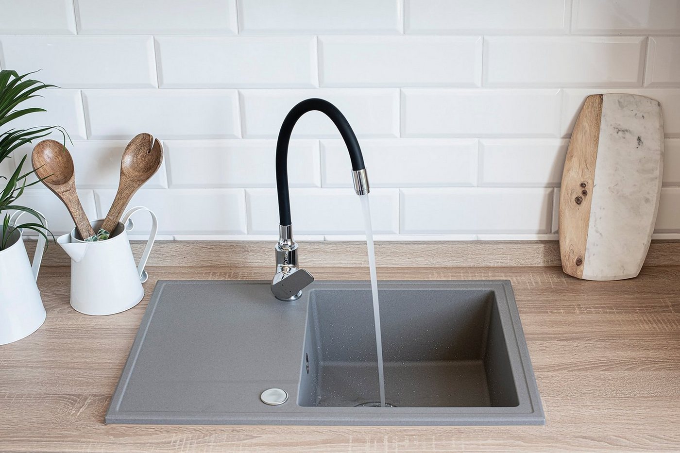 Thumbnail - KOLMAN Küchenspüle HUNTER Granitspüle Einzelbecken 44x67 mit Siphon in Grau, Rechteckig, 44/16.5 cm, Grau, in Grau