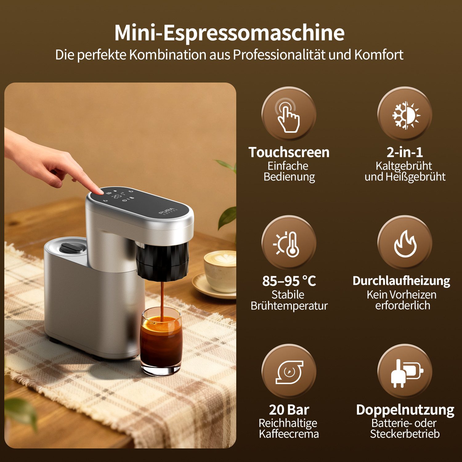 PURA COFFEE Espressomaschine C1, Mini Kaffeemaschine mit Sofortheizung Kompatibel mit gemahlenem Kaffee, 3-Sekunden Heißaufheizung, 20Bar, Tragbar und Wiederaufladbar