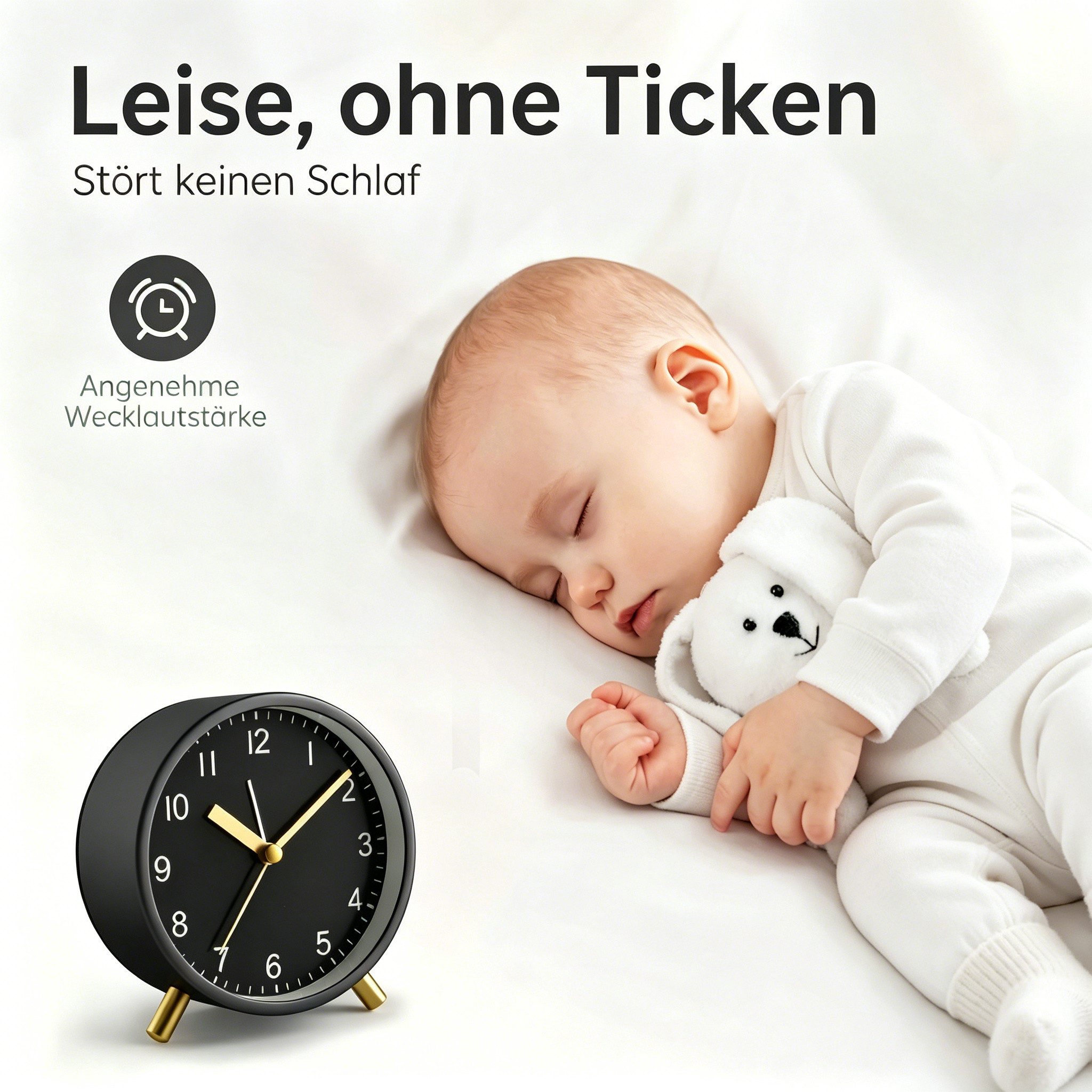 nsihing Kinderwecker Wecker Analog Superleise mit Nachtlicht, Batteriebetrieben, 4 Zoll Rund, Metall, Einfaches Design für Schlafzimmer, Büro, Nachtisch – Bild 2 von 5