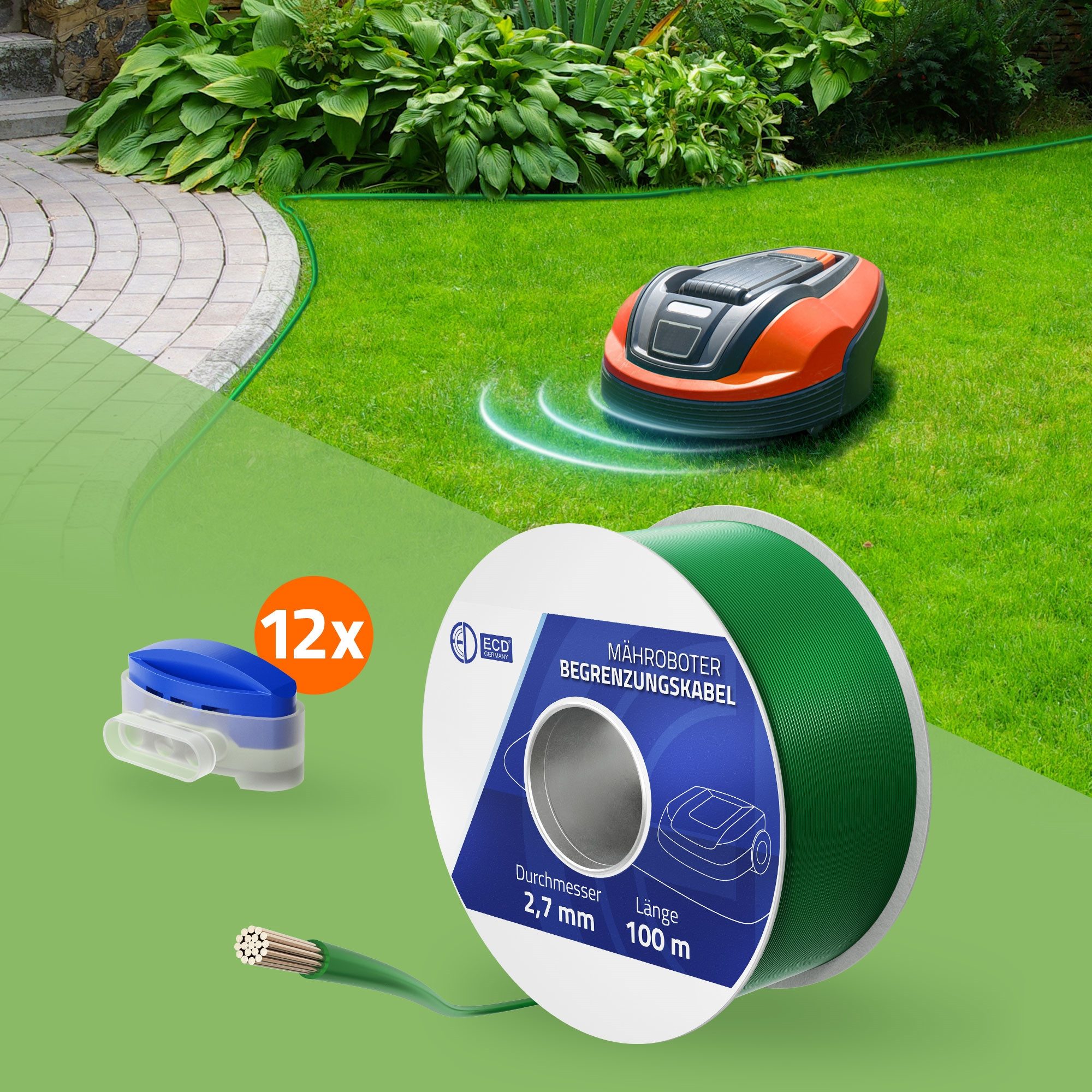 ECD Germany Universal Begrenzungsdraht aus Kupfer verzinnt für Mähroboter Begrenzungskabel, (1000 cm), Kabel für Rasenmäher Rasenroboter Grün mit 12 Kabelverbinder grün