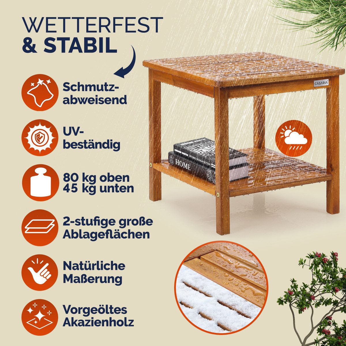 Casaria Beistelltisch Washington (1-St), Holz wetterfest FSC® zertifiziert 2 Ablagen 45x45cm Balkon Akazie
