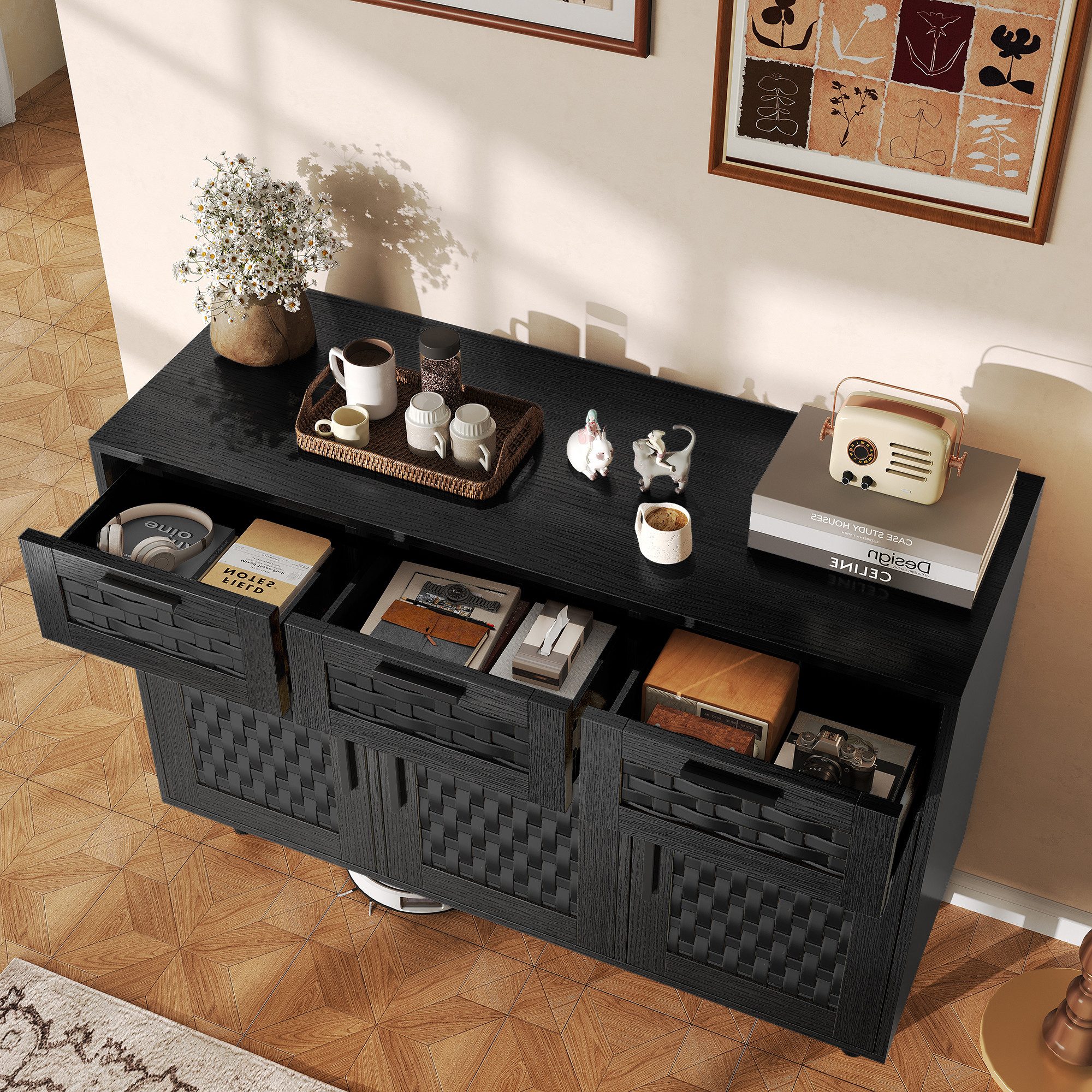 FUROKOY Sideboard Rattan Küchenschrank us Holz (Buffetschrank Highboard mit 3 Schubladen und 3 Türen), für Schlafzimmer, Wohnzimmer, Flur, 108 x 40 x 80 cm, Sch – Bild 3 von 5
