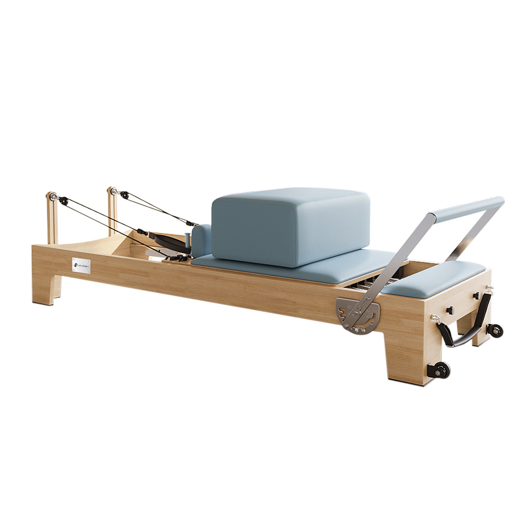 JASPORT Pilates-Reformer H60 aus Gummibaumholz, (Pilates Reformer, Sprungbrett, Reformer-Box, Fußschlaufen), Leiser Betrieb, individuell einstellbar