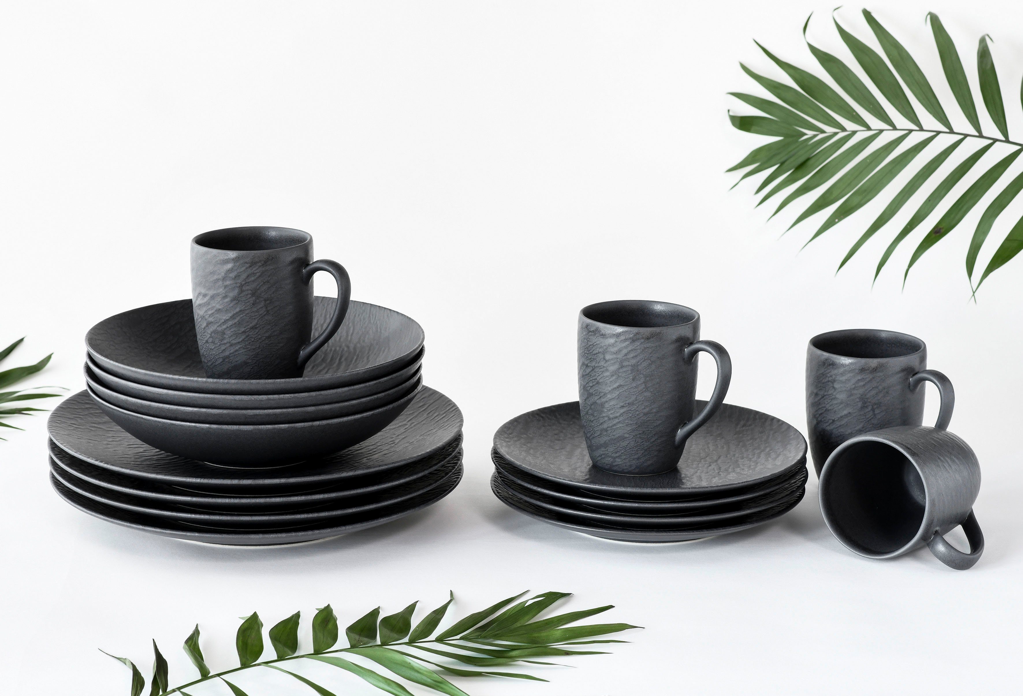 CreaTable Kombiservice Schiefer Black (16-tlg), 4 Personen, Steinzeug, robuste, kratzfeste, seidenmatte Glasur