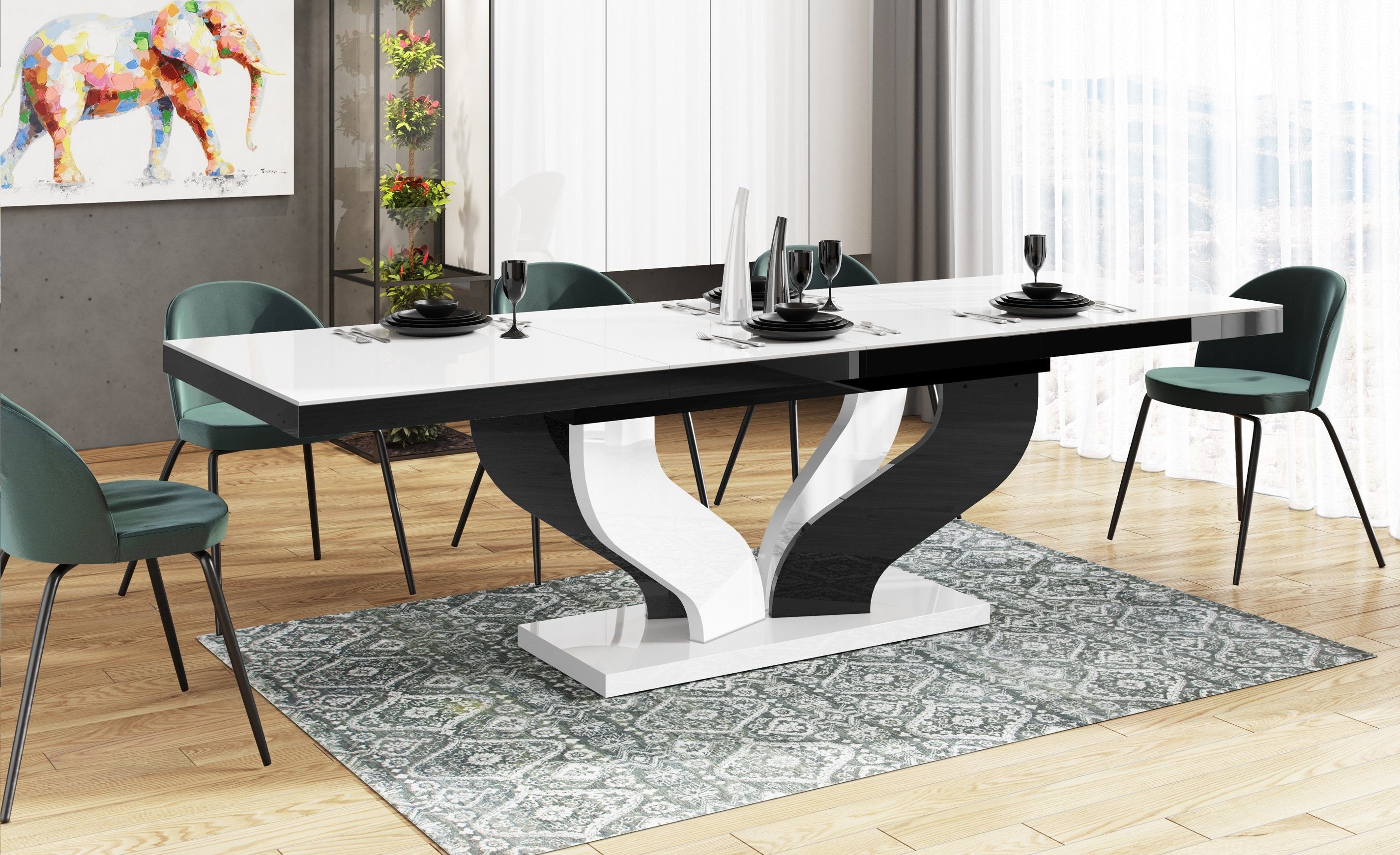 designimpex Esstisch Design Tisch HEB-222 Weiß / Schwarz Hochglanz ausziehbar 160 bis 256cm Weiß Hochglanz / Schwarz Hochglanz