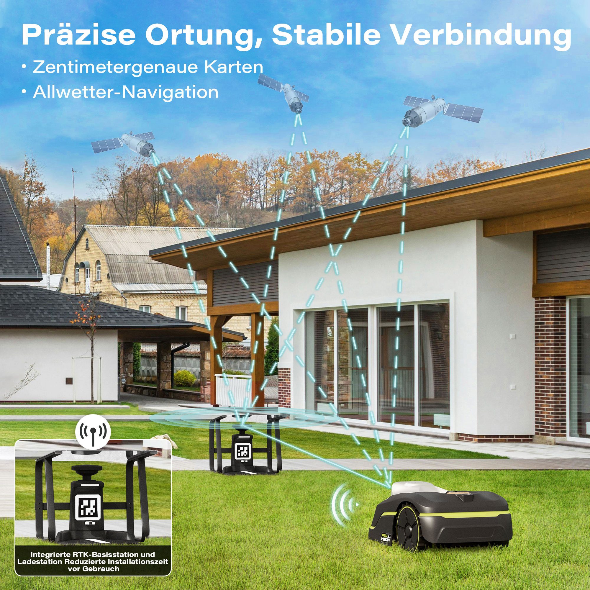 SUNTEK Rasenmähroboter RTK+Vision+TOF LiDAR Mähroboter ohne Begrenzungskabel mit Garage, bis 500 m² Rasenfläche, (1-St), KI-Hindernisvermeidung, 35% Steigung, App