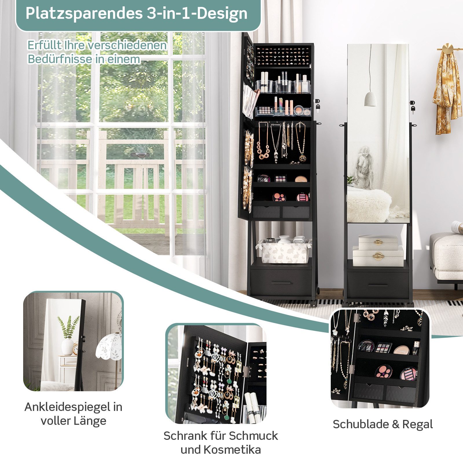COSTWAY Schmuckschrank mit Spiegel, Schublade, stehend, günstig online kaufen