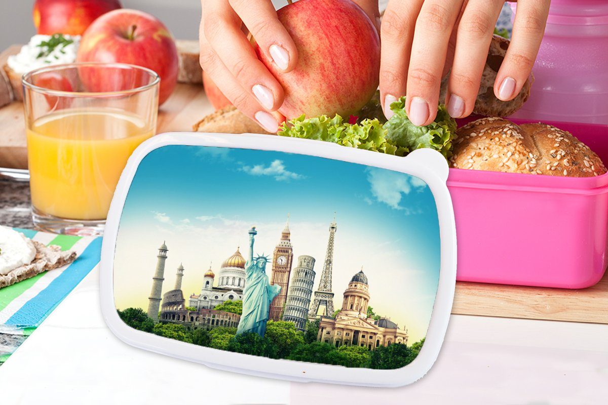 Welt Brotbox für MuchoWow Erwachsene, Kunststoff, Kinder, - Snackbox, (2-tlg), - Kunststoff Brotdose Eiffelturm Freiheitsstatue, rosa Mädchen, Lunchbox
