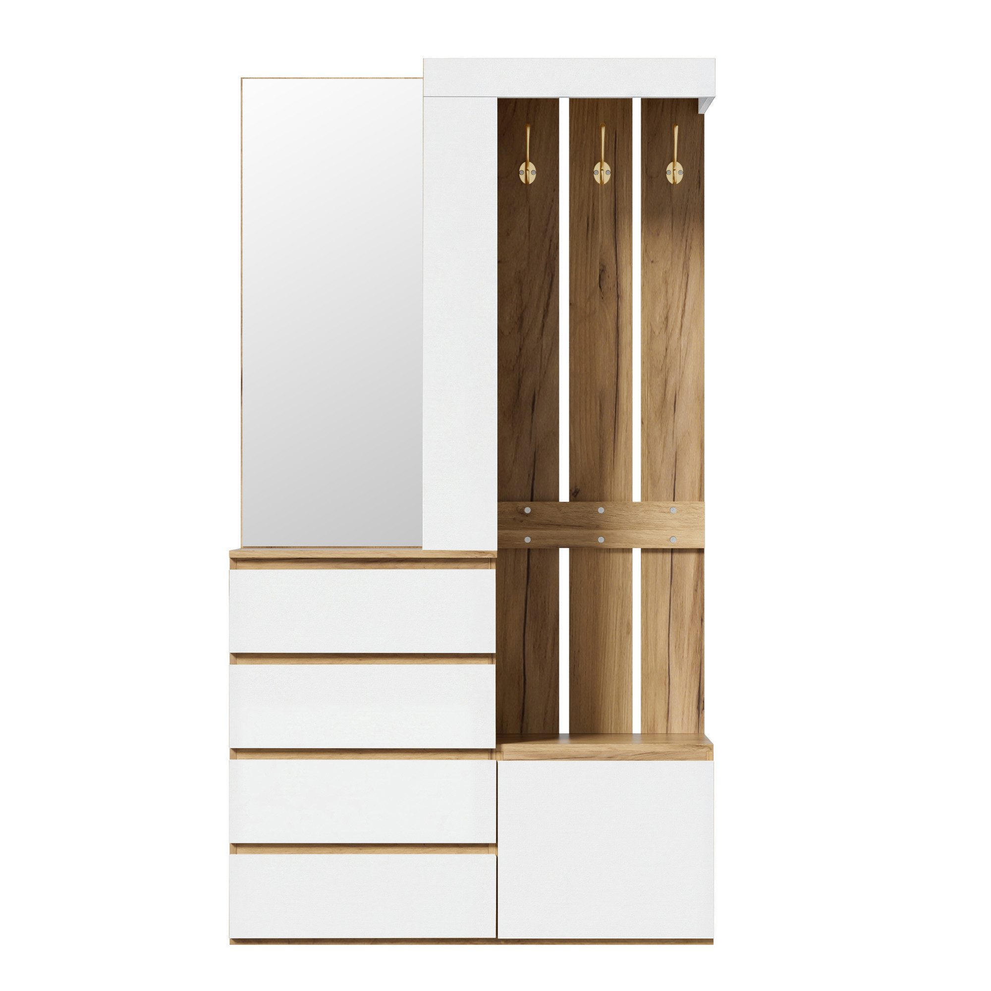 Flieks Garderoben-Set Garderobenständer mit 3 Haken, 1 Türen, 4 Schublade und Spiegel, (100x35x180 cm, 1-St., Garderobenständer für Diele & Eingangsbereich), Fl – Bild 4 von 5