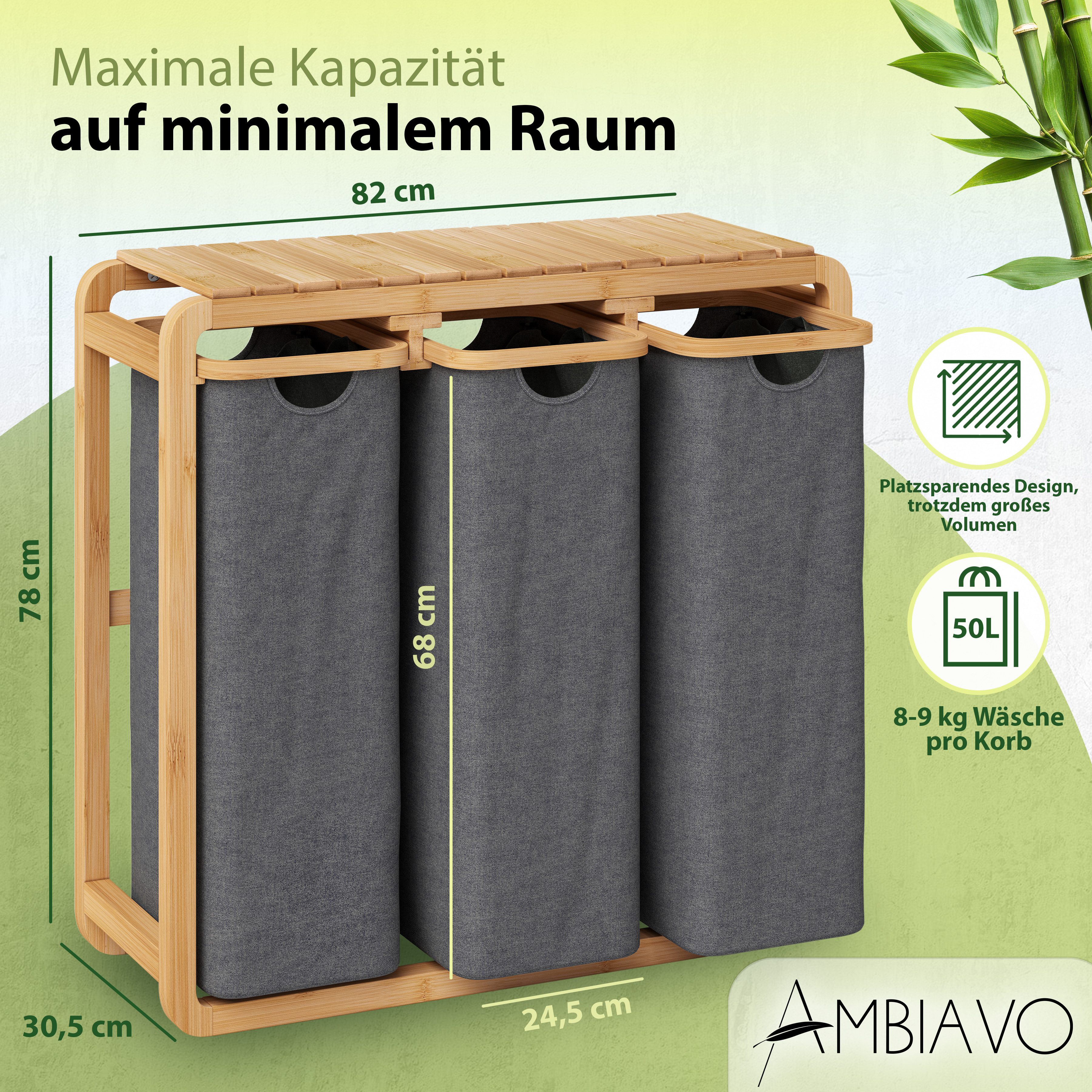 AMBIAVO Wäschekorb 3 Fächer mit waschbaren Baumwollsäcken, 150 L Volumen, stabiler 3x3 cm Bambusrahmen, innovatives Design