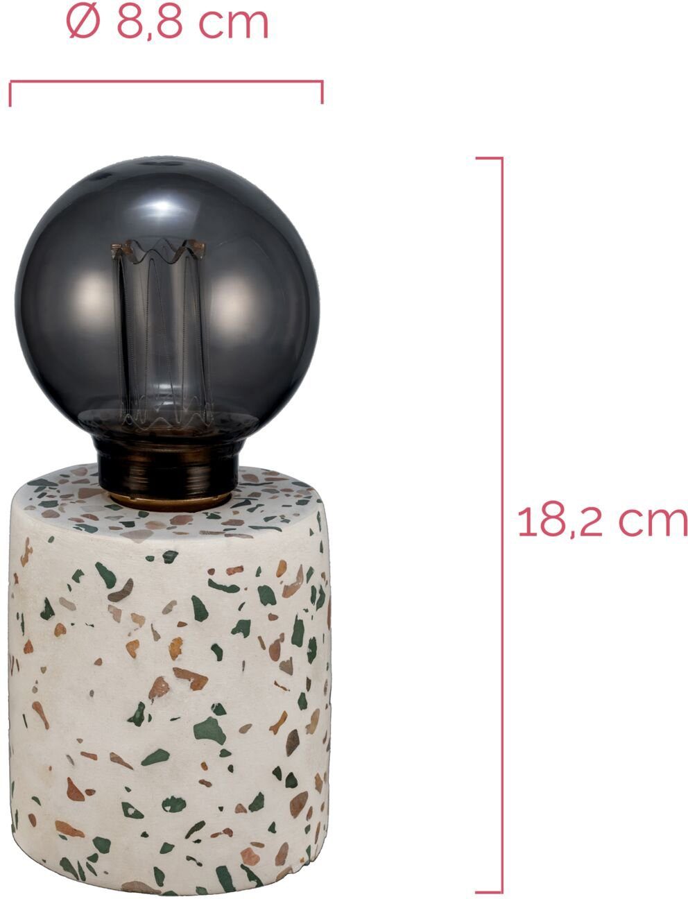 Pauleen Tischleuchte E27, Elegant ohne Beton/Glas Timer, Flare, Batterie, Terrazzo, Leuchtmittel