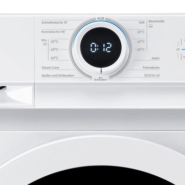 Midea Waschmaschine Lunar MF100W80B-14A, 8 kg, 1400 U/min, Reload, Steam Care, ECO-Wäsche, Kindersicherung, 15 Programme