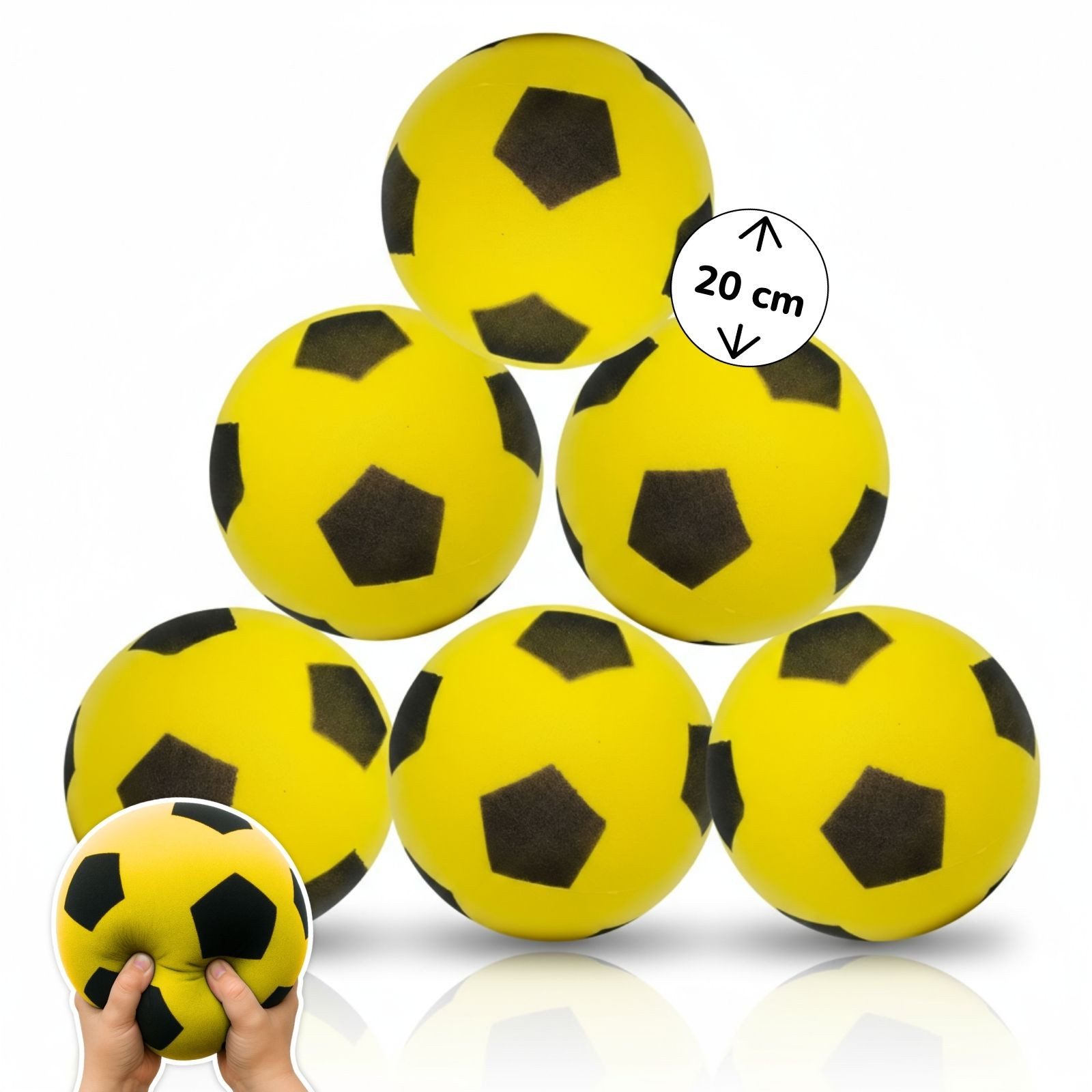alldoro Softball 6er Set Schaumstoff-Ball gelb Ø 20 cm, weiche Soft-Fußbälle für Kinder, 6 sichere Kinderbälle für drinnen & draußen, geeignet ab 0 Jahren