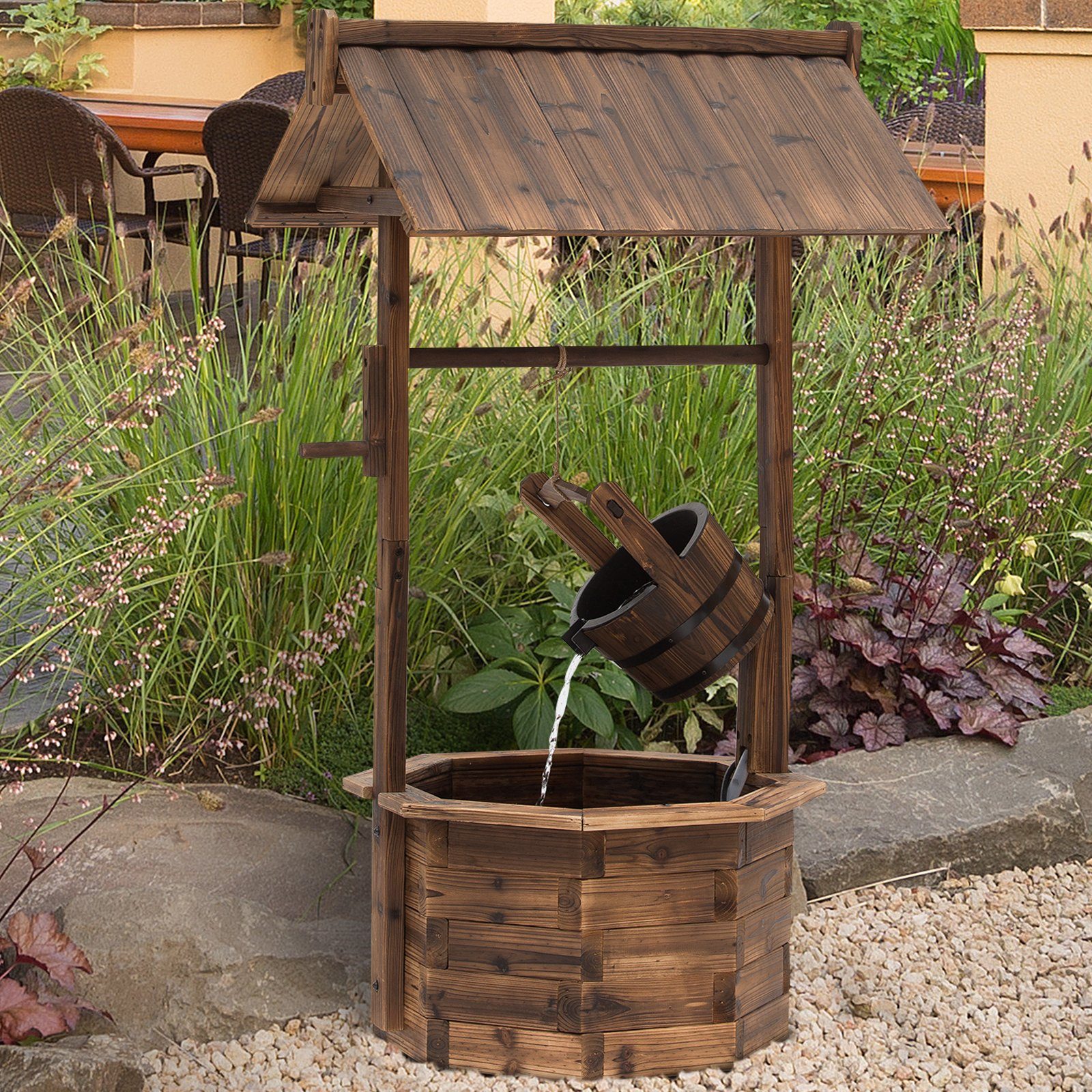 Outsunny Gartenbrunnen Wasserfall, Regulierbar, 20.5 cm Breite, Wasserbecken BxT: 51.5x51.5 cm, (Springbrunnen, 1 tlg., Zierbrunnen), Massivholz, Braun, 68 x 57 x 118 cm