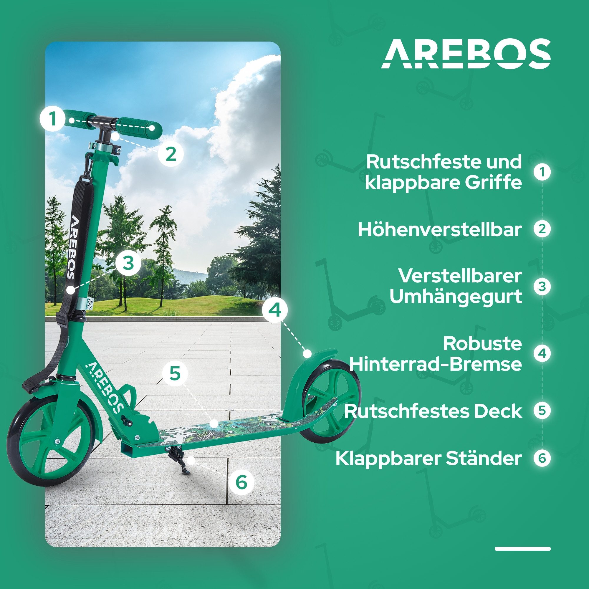 Arebos Tretroller klappbar höhenverstellbar 78–93 cm, ab 6 Jahre, 100 kg, 0 W, Fahrspaß überall: ideal für Schule, Freizeit oder kurze Wege