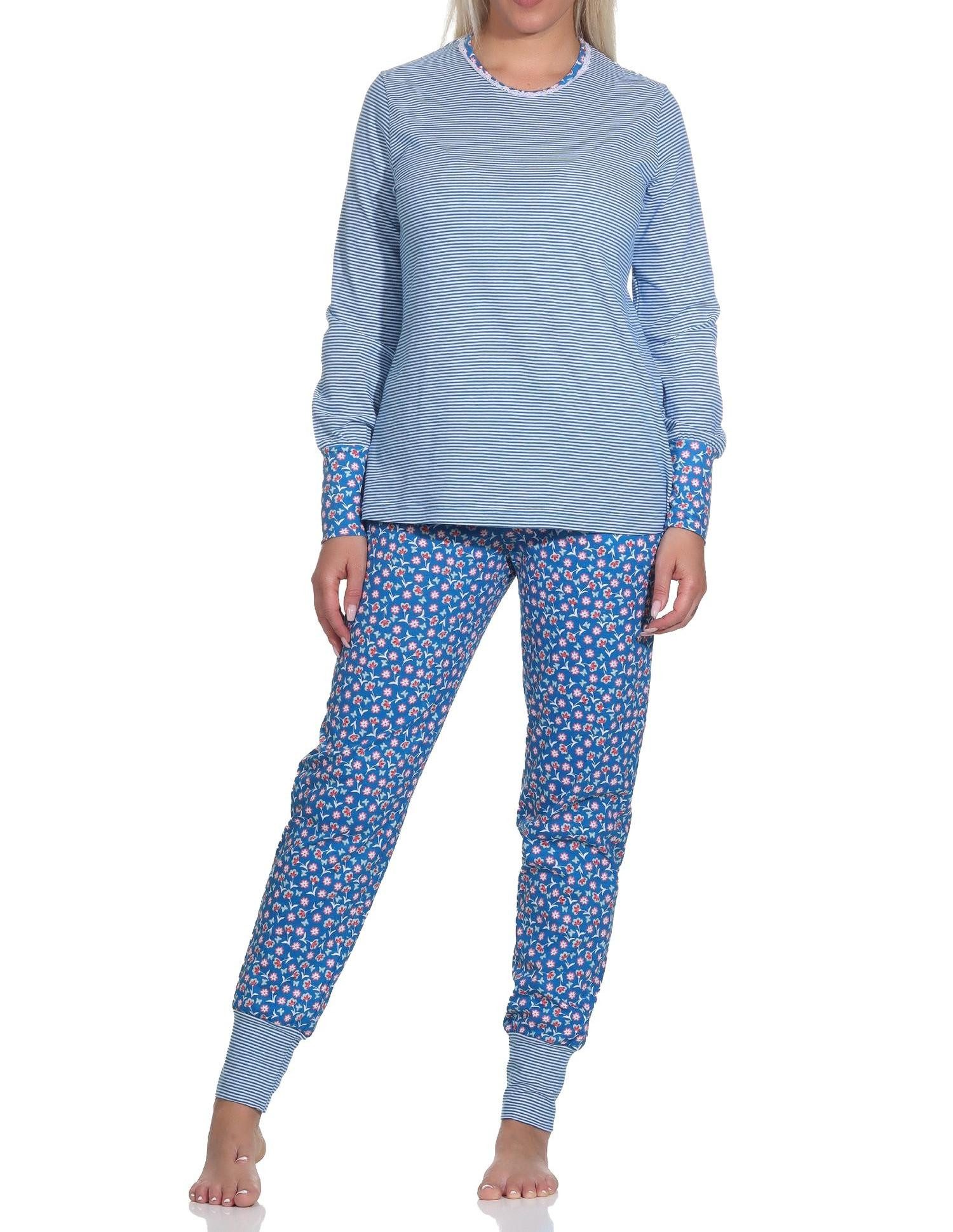 Pyjama Damen Schlafanzug Langarm mit Bündchen
