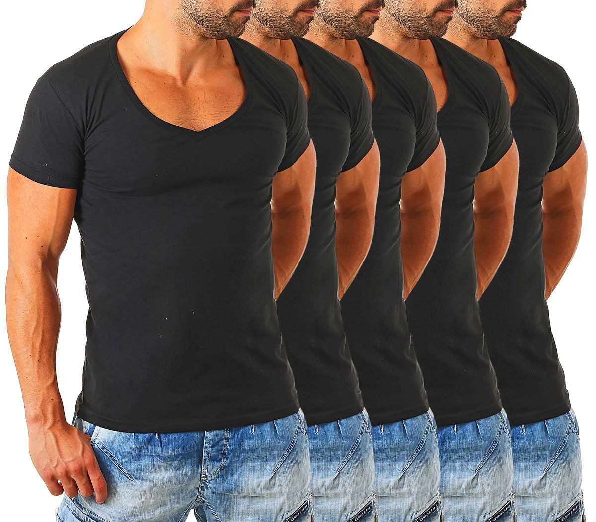 Young & Rich T-Shirt Herren Uni Basic extra tiefer Ausschnitt Unterziehshirt 1315 V-Ausschnitt unifarben kurzarm slim fit