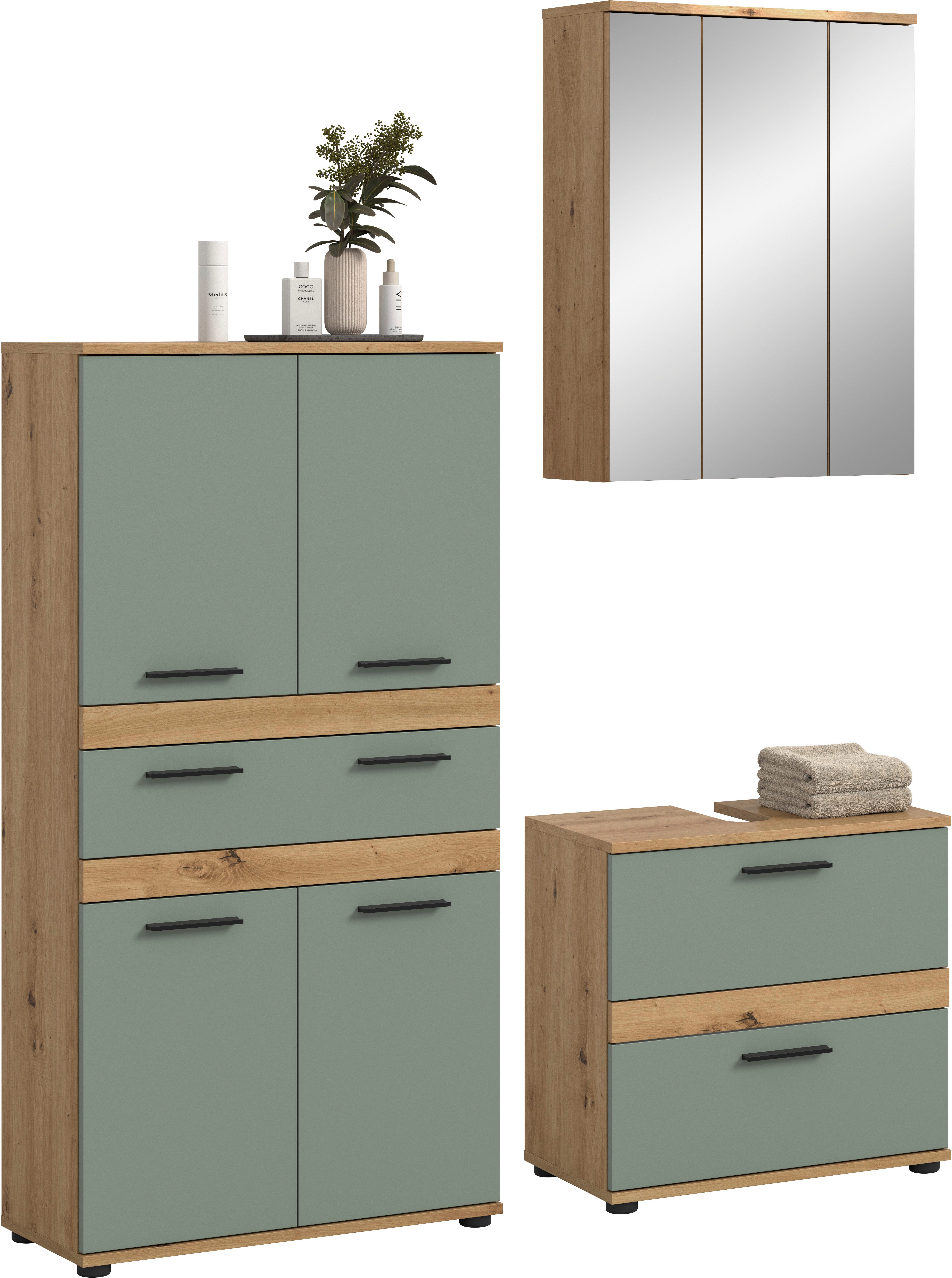 welltime Badmöbel-Set LUCCA, 3-tlg. Badkombination, viel Stauraum, modernes Design, (3-St., bestehend aus: Hochschrank, Waschbeckenunterschrank, Spiegelschrank), Bad-Kombination, Bad-Möbel, Badezimmer, Kombination, Kombi
