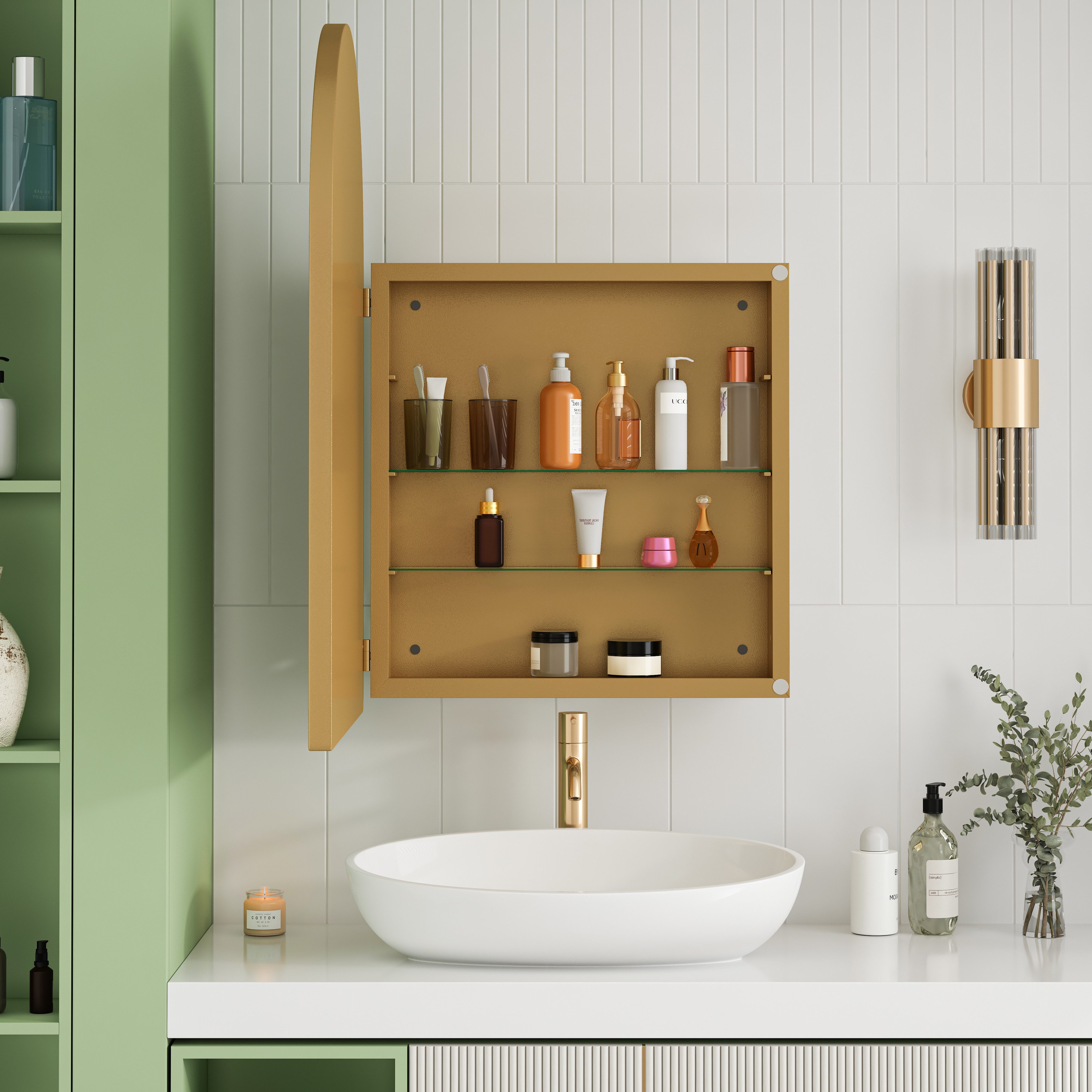 MODFU Spiegelschrank Spiegel Badezimmerspiegel (Spiegel-Hängeschrank mit Bogenform – Stauraum & Anti-Beschlag, Verstellbare Regale & Metallrahmen)