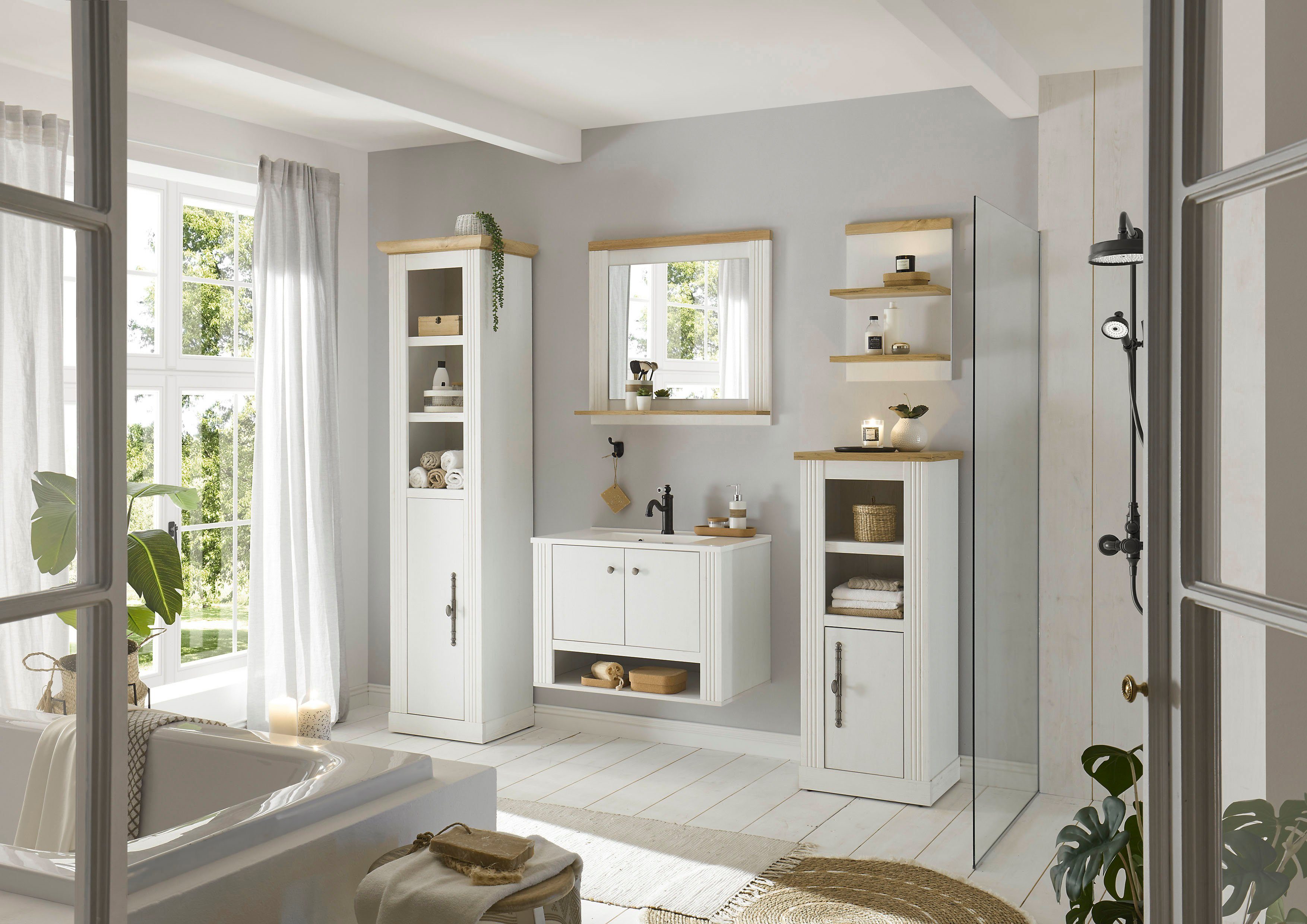OTTO home Badmöbel-Set WESTMINSTER, Bad im Landhausstil, 5-teiliges Badezimmer, (5-St), Hänge-Waschtisch, Spiegel, Midischrank, Regal, Hochschrank, 220 cm